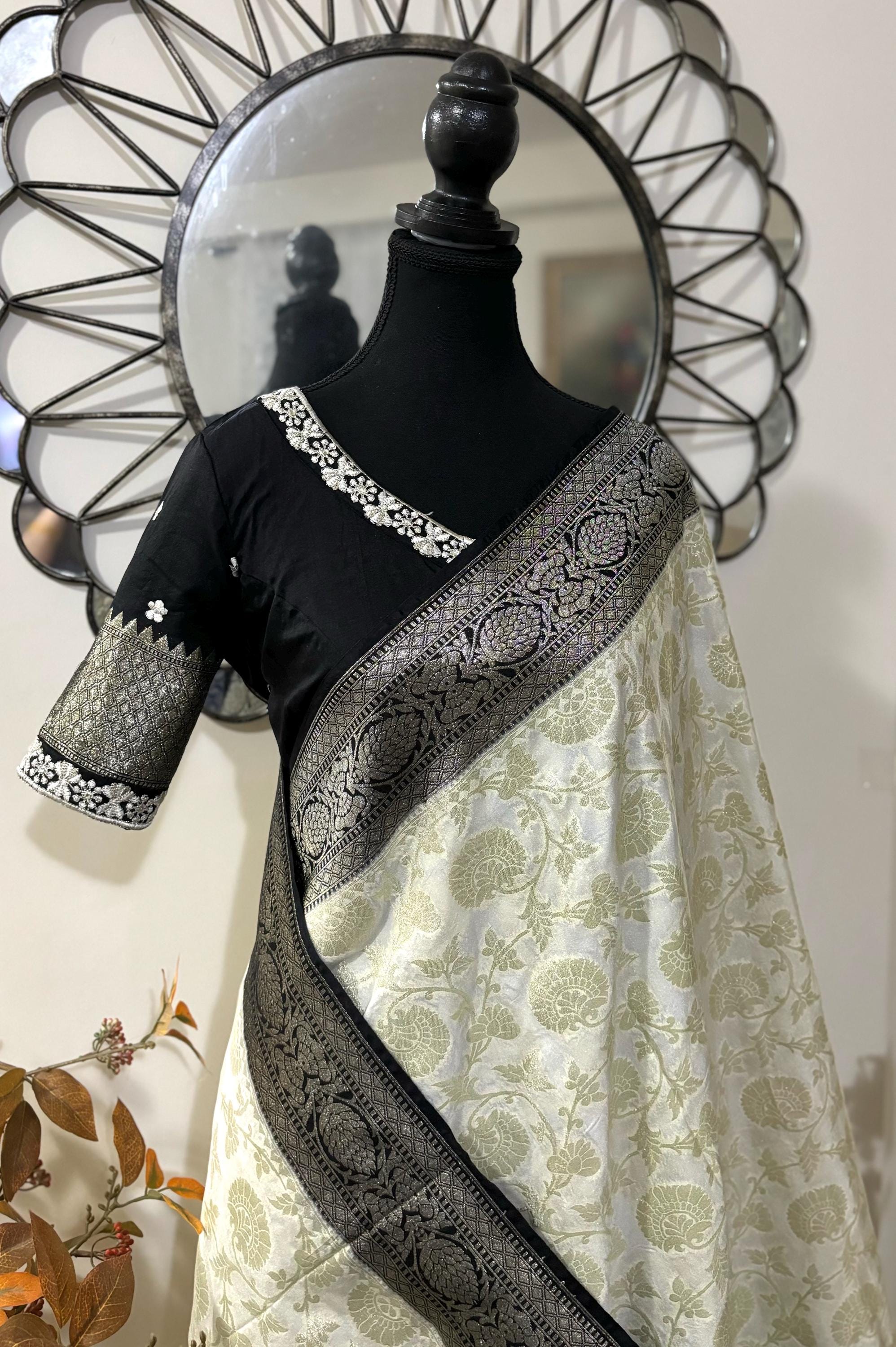 Beautiful banarasi silk saree paired up with beautiful embroidery blouse fits to 32 to 46 in beautiful rare colors all over jaal. Cocktails