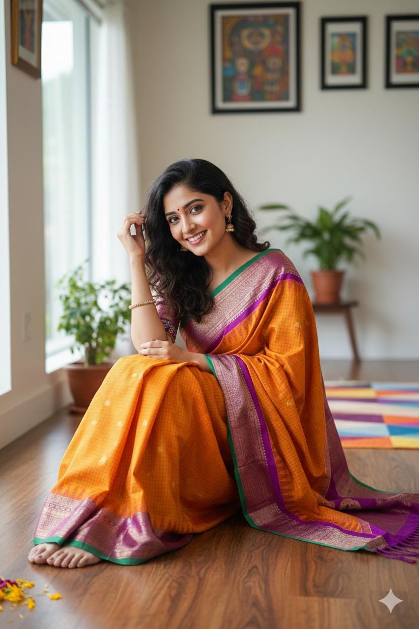 Gadwal Handloom pure silk sarees in Orangish yellow, ready to wear blouse with embroidered blouse fits up to 32 -46 saree is ready fall pico
