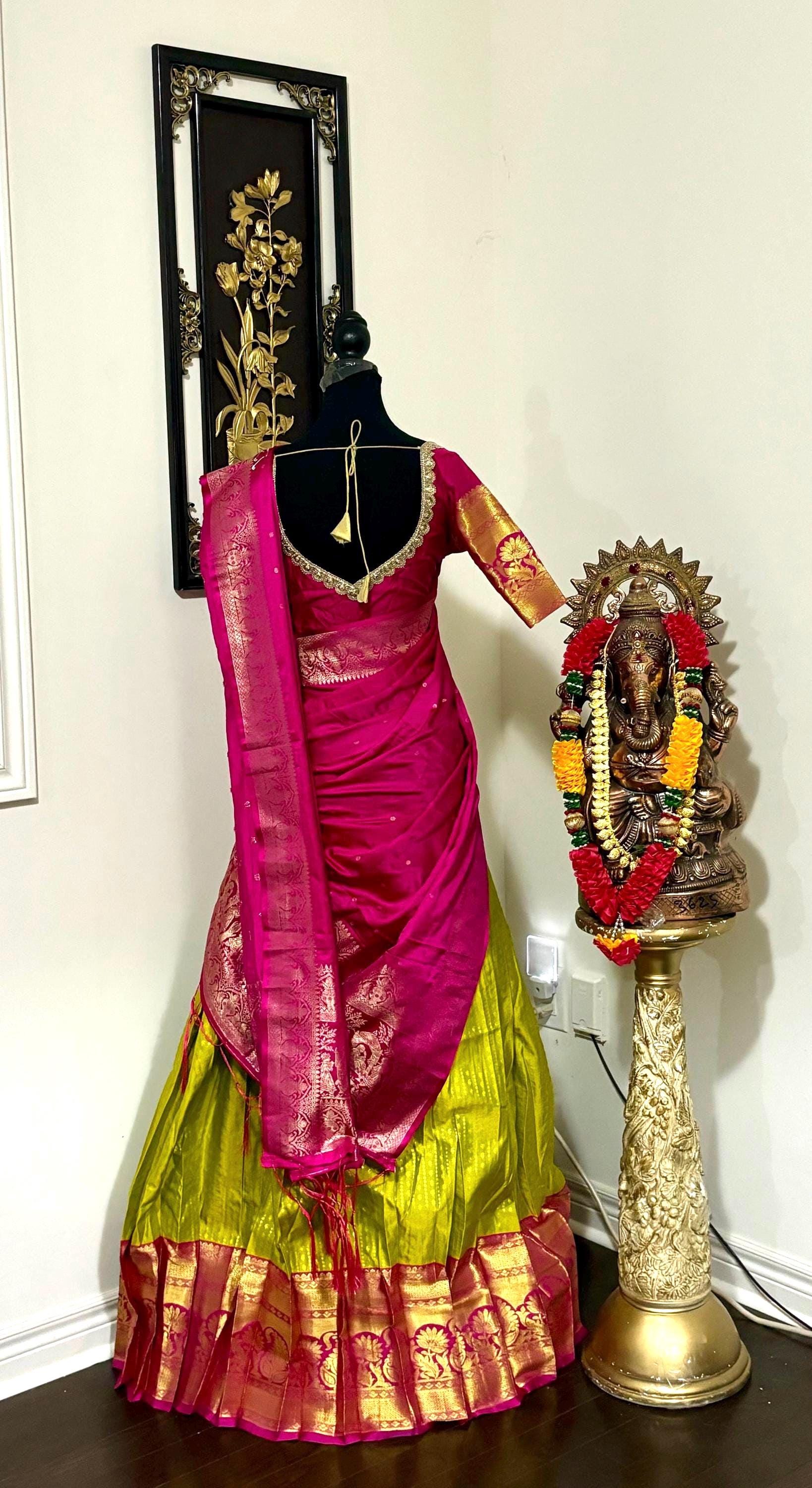 Beautiful colors Kanchi pattu Lihanga with beautiful Kanchi boarder is made of Handloom cloths ready with ready to wear blouse sizes 32 - 48