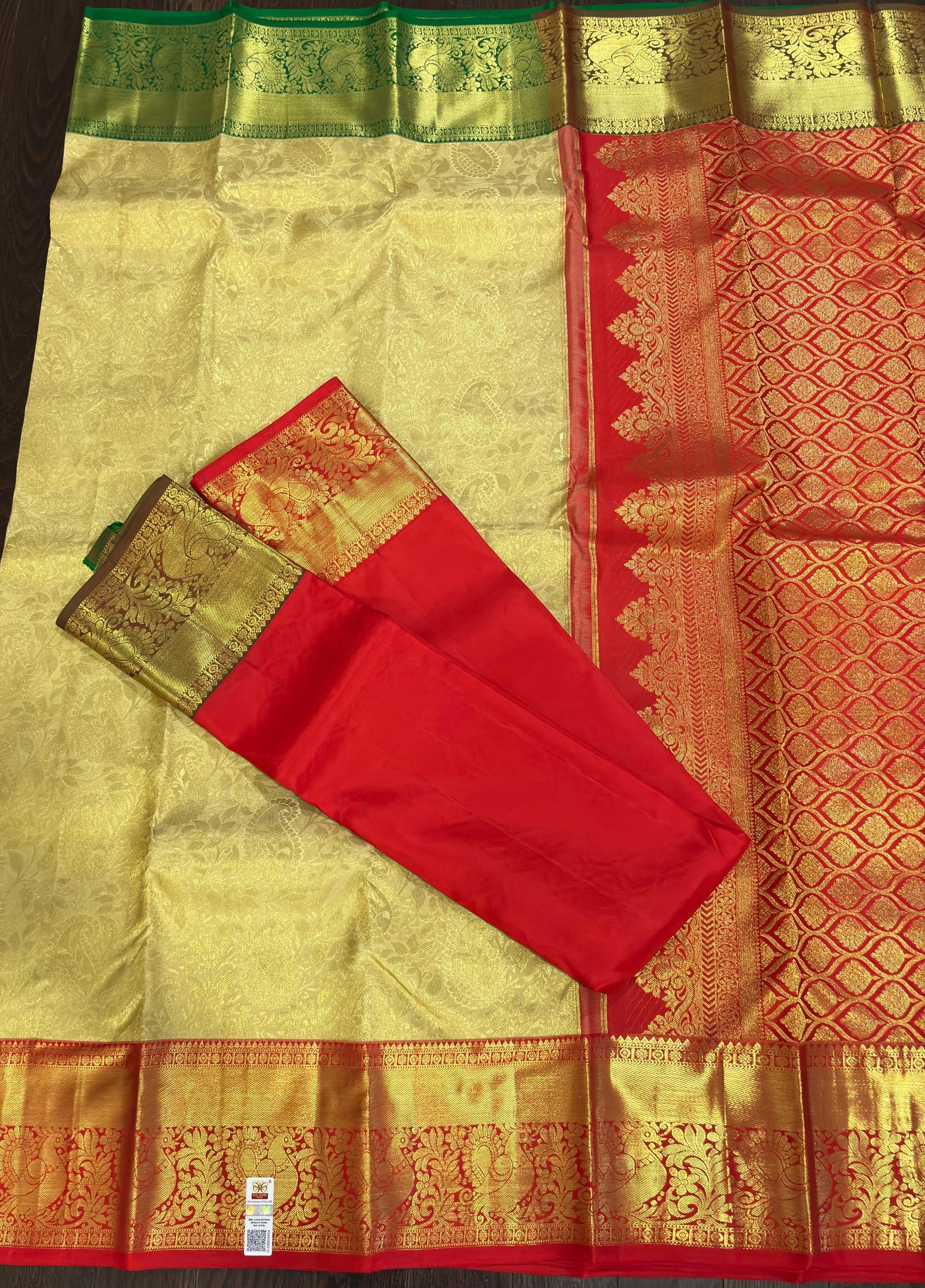 Beautiful gold dual shade boarder Bridal  2 gram gold pure handloom  Silk Kanjeevarm/Kanchipattu Saree ready to dispatch silk mark certified