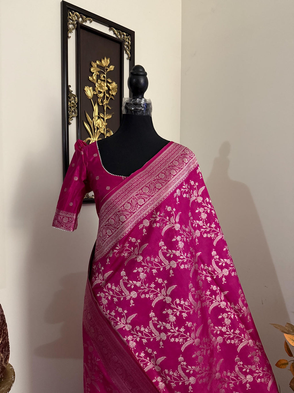 Beautiful banarasi saree with silver Zari weaving all over the saree paired up with pretty ready to wear  blouse that fits to 32 to 46