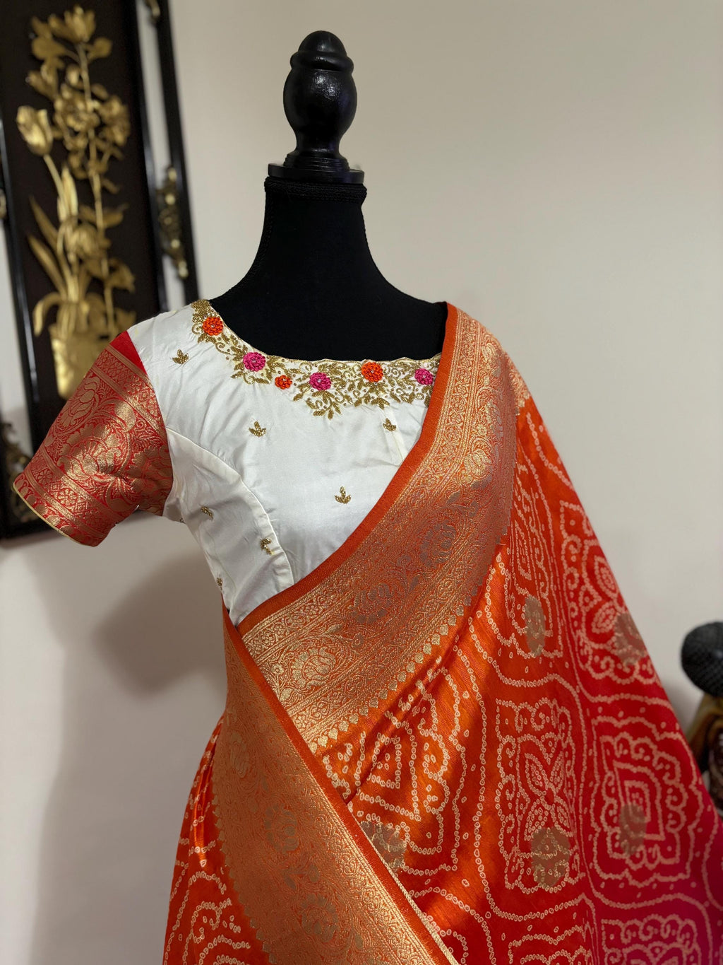 Beautiful cocktail dual shade  bandini silk saree paired up pretty maggam blouse fits  sizes 32 -46 ready to wear prettiest blouse
