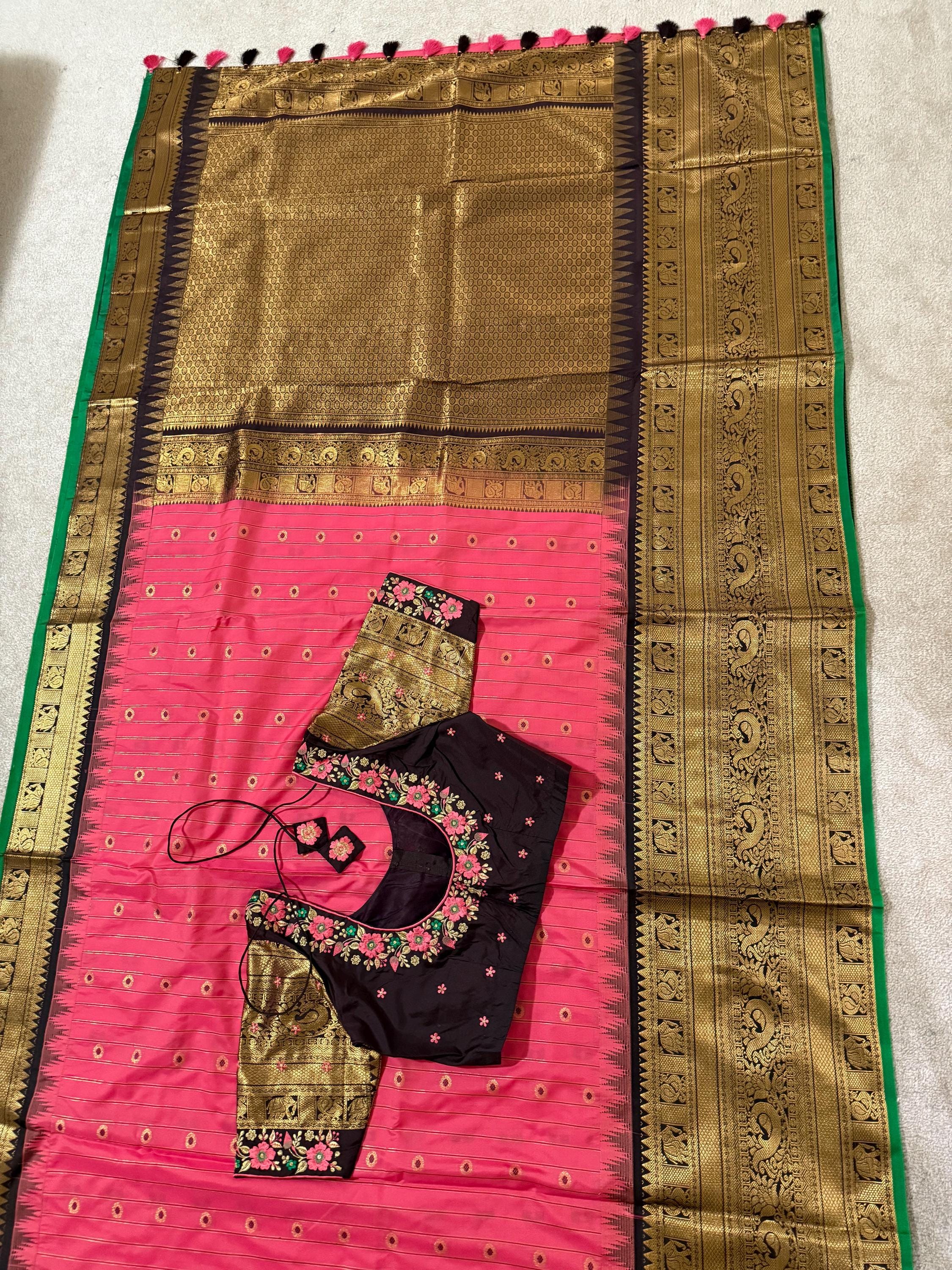 Gadwal Handloom pure silk sarees in rare colors and ready to wear blouse with embroidered blouse fits up to 32 -46 saree is ready fall pico