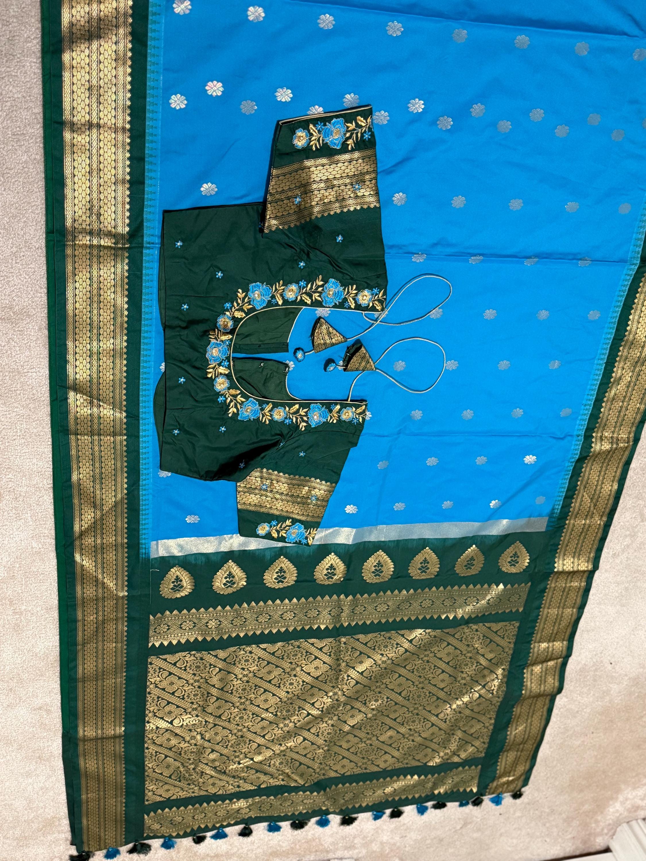 Gadwal Handloom pure silk sarees in rare colors and ready to wear blouse with embroidered blouse fits up to 32 -46 saree is ready fall pico