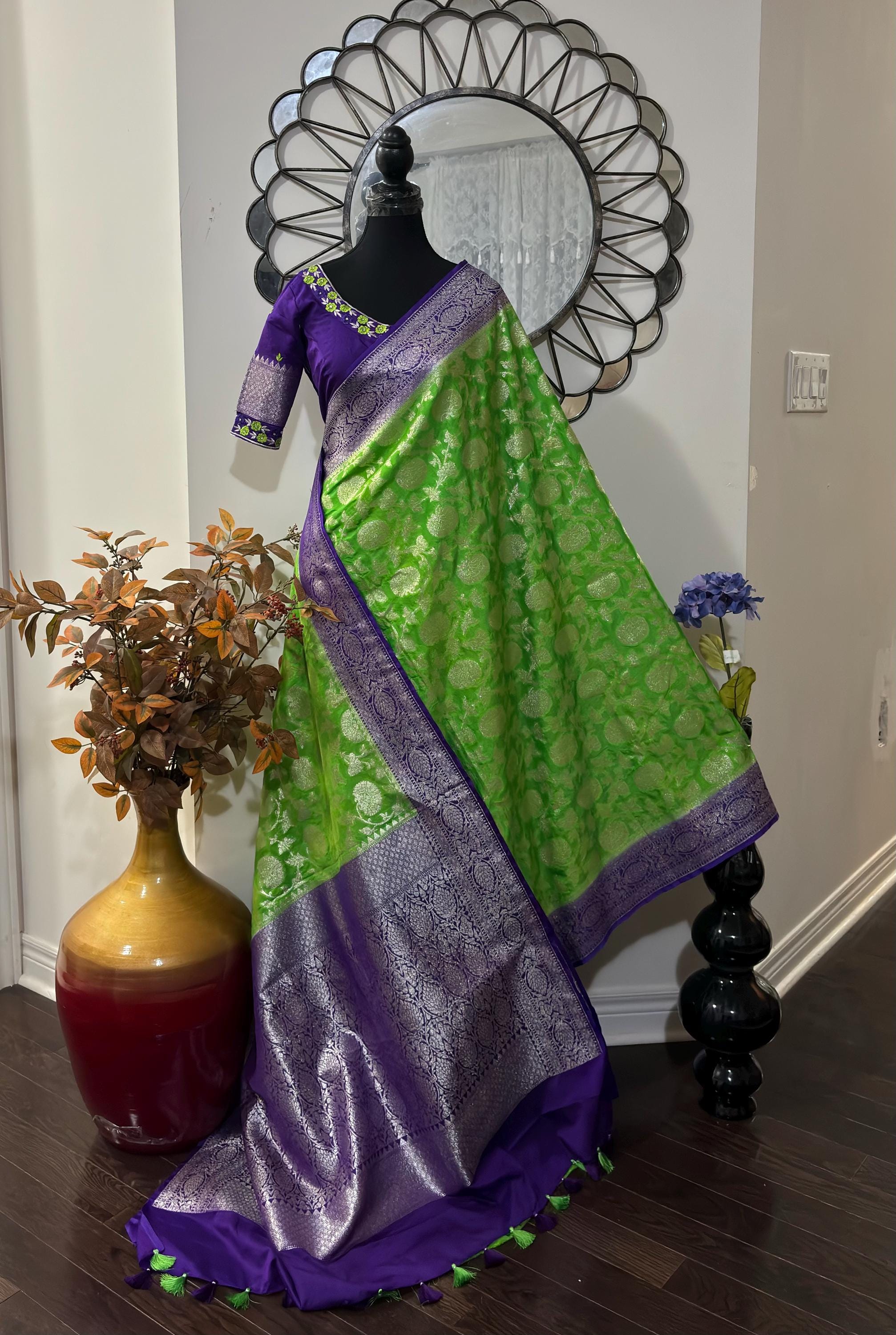 Beautiful banarasi silk saree paired up with beautiful embroidery blouse fits to 32 to 46 in beautiful rare colors all over jaal. Cocktails