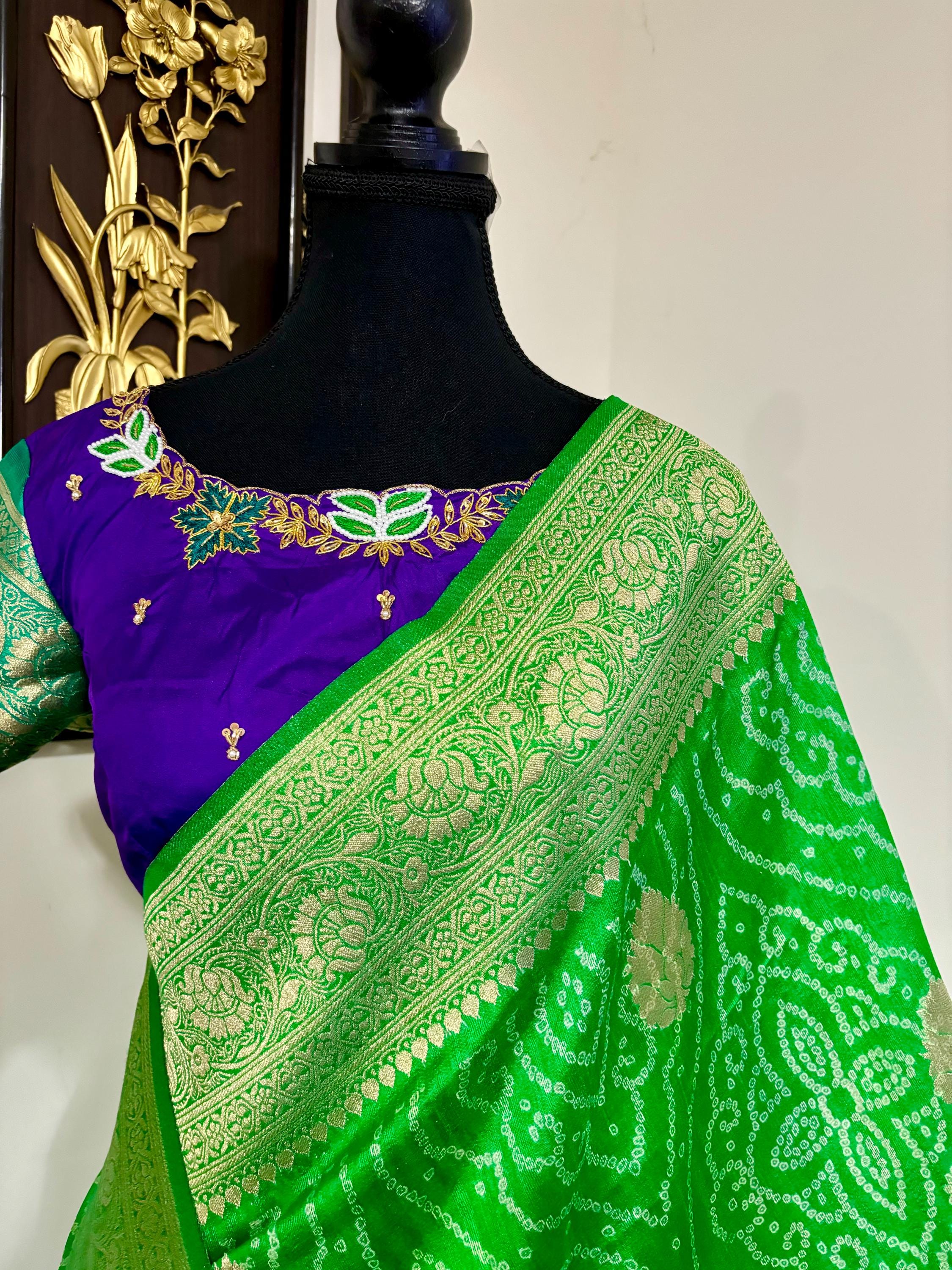 Beautiful cocktail dual shade banarasi  bandhini silk saree paired up pretty maggam blouse fits  sizes 32 -46 ready to wear prettiest blouse