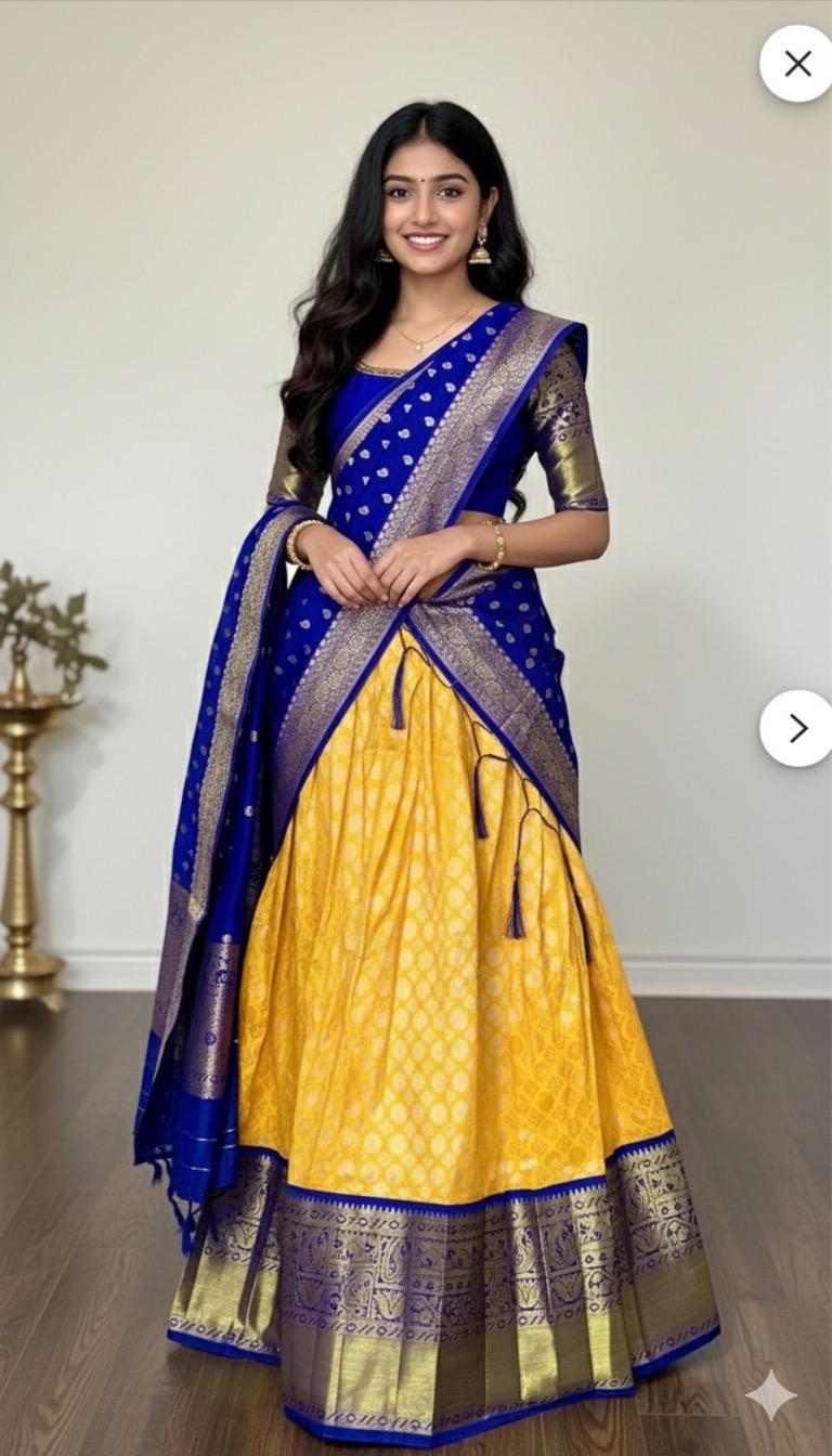 Beautiful colors Kanchi pattu Lihanga with beautiful Kanchi boarder is made of Handloom cloths ready with ready to wear blouse sizes 32 - 48