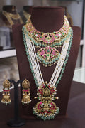 Party and wedding wear Anteque gold  finish one gram gold bridal set with precious pearls , emaralds beads and Kempu stones