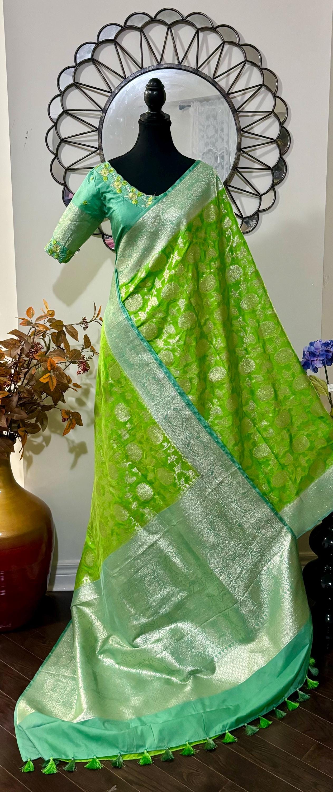 Beautiful banarasi silk saree paired up with beautiful embroidery blouse fits to 32 to 46 in beautiful rare colors all over jaal. Cocktails