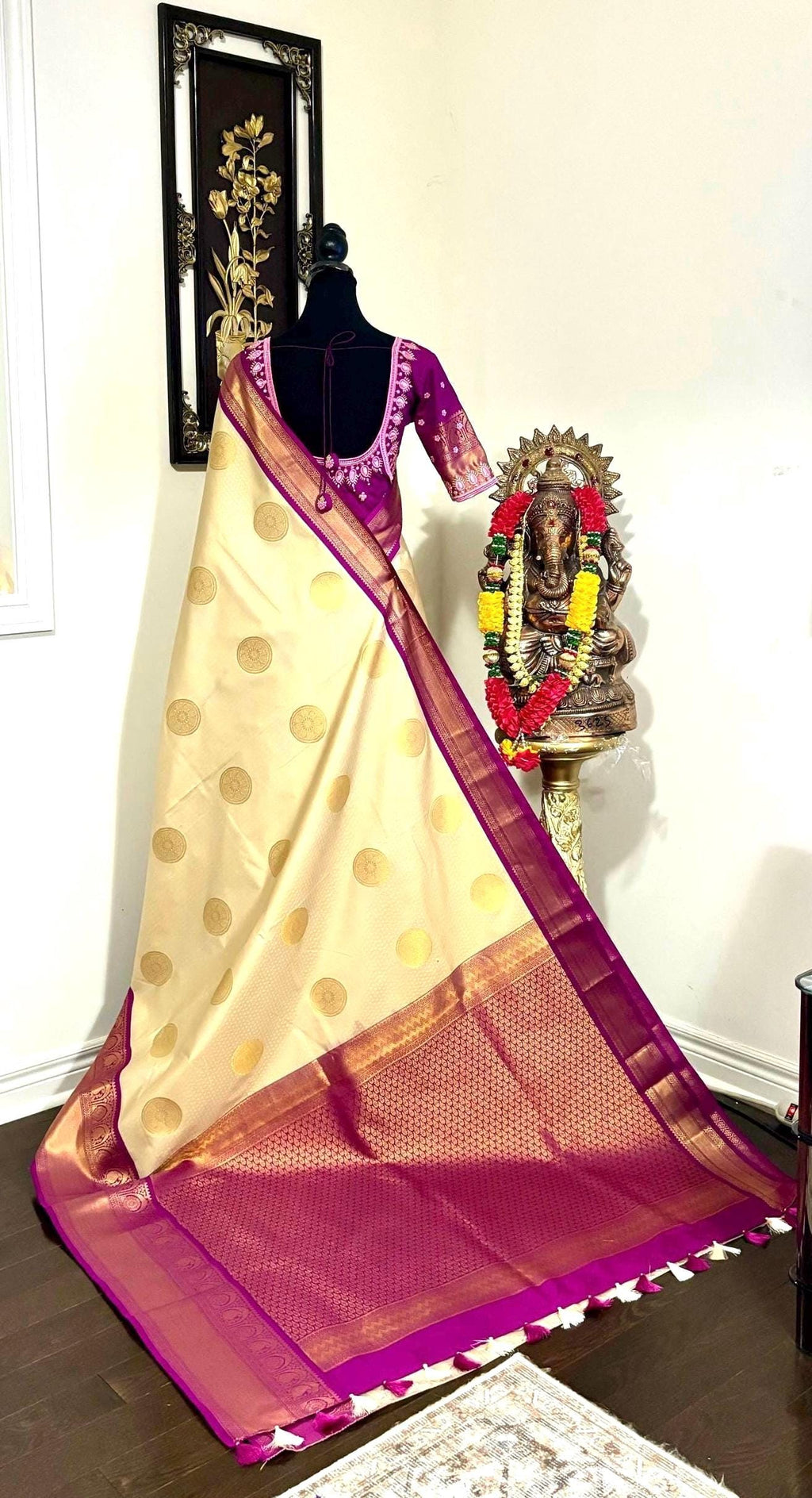 Kanchipuram soft silk saree in rare colors with beautifully done hand  made embroidered blouse with ready to wear work blouse fits 32 to 46