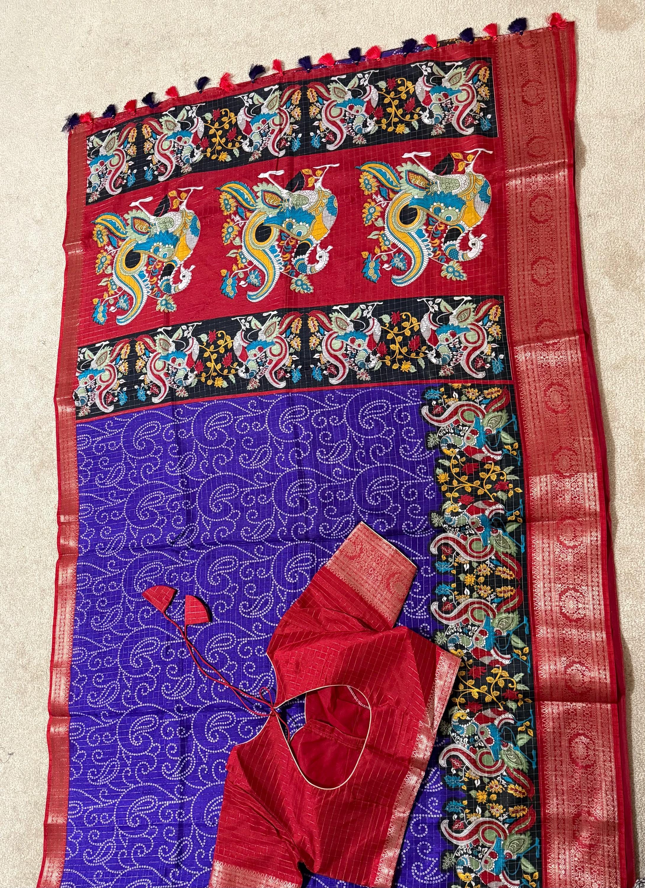 Beautiful Light weight Emarald silk saree  with Kanchi boarder  Bhandini prints ready blouse fits 32 to 46 with beautiful color combo