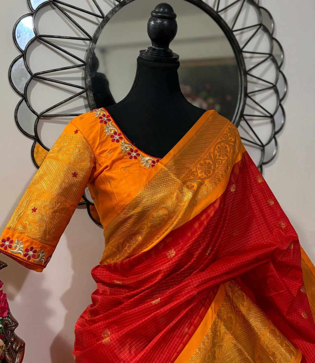 Gadwal Handloom pure silk sarees in Orange/yellow, ready to wear blouse with embroidered blouse fits up to 32 -46 saree is ready fall pico