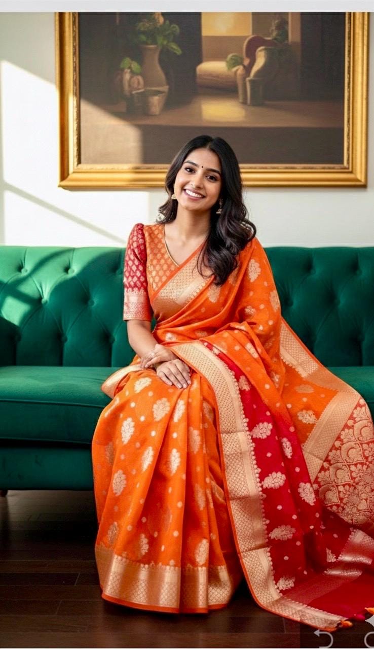 Banarasi dual shade handloom khadi georgette silk saree all over beautiful waterzariweavingbeautifulcombinations,orange and red readyblouse
