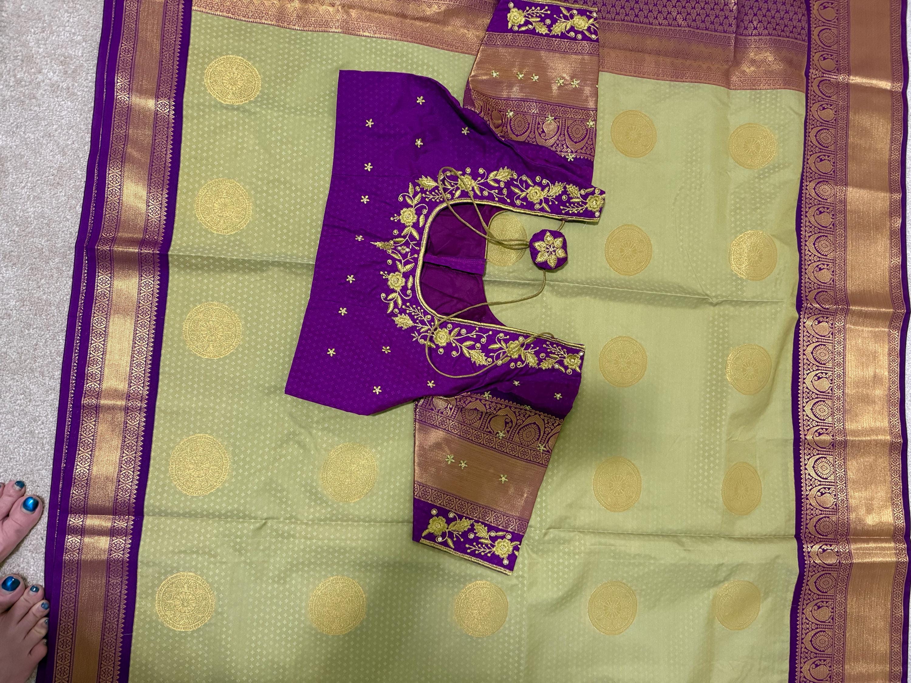 Kanchipuram soft silk saree in rare colors with beautifully done hand  made embroidered blouse with ready to wear work blouse fits 32 to 46