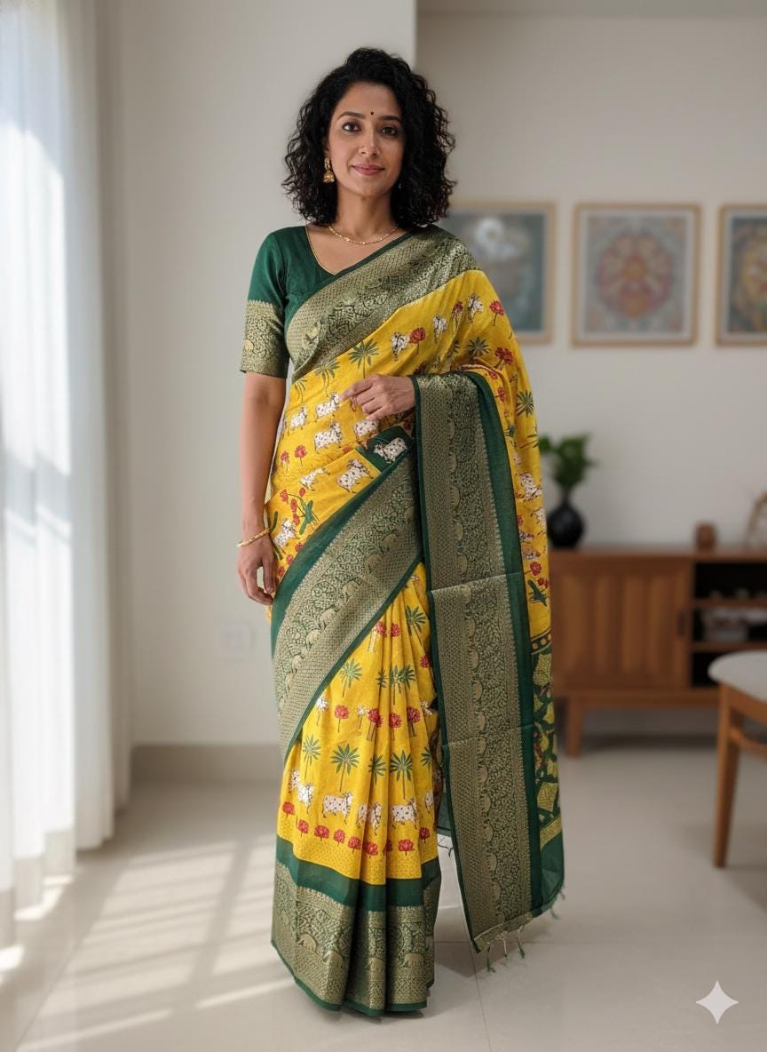 Beautiful Pichwai Kalamkari Prints soft silk saree with Kanchi boarder lotus and cow  prints Saree is ready with blouse and fall and pico