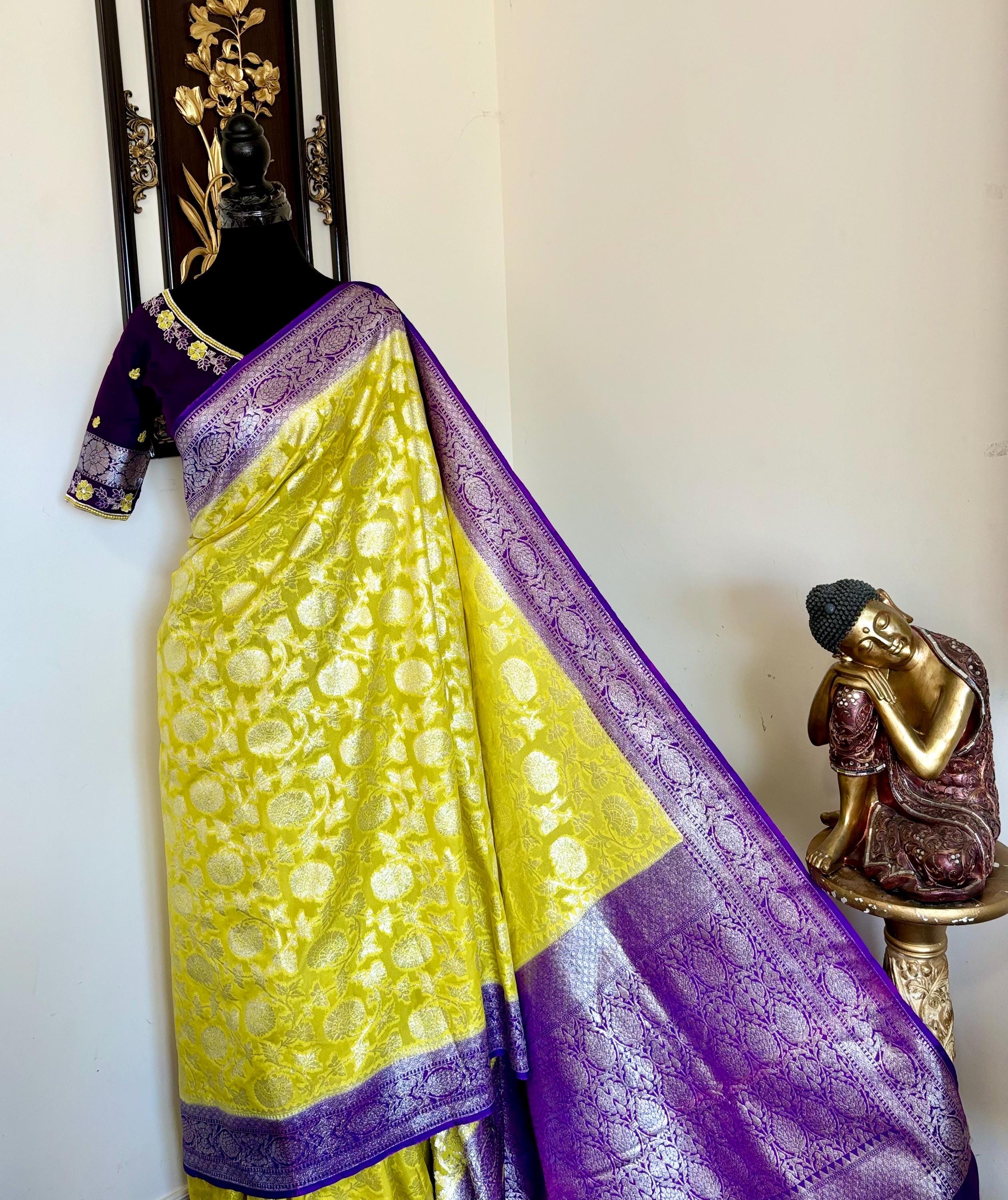 Beautiful banarasi silk saree paired up with beautiful embroidery blouse fits to 32 to 46 in beautiful rare colors all over jaal. Cocktails
