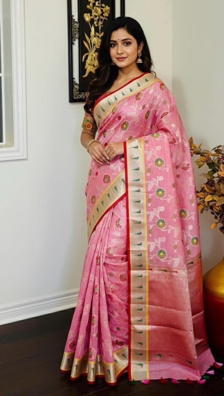 Beautiful Tissue Zari Kota saree with pythani  Zari boardes and beautifully done blouse paired up with pretty blouse fits up to 32 to 46