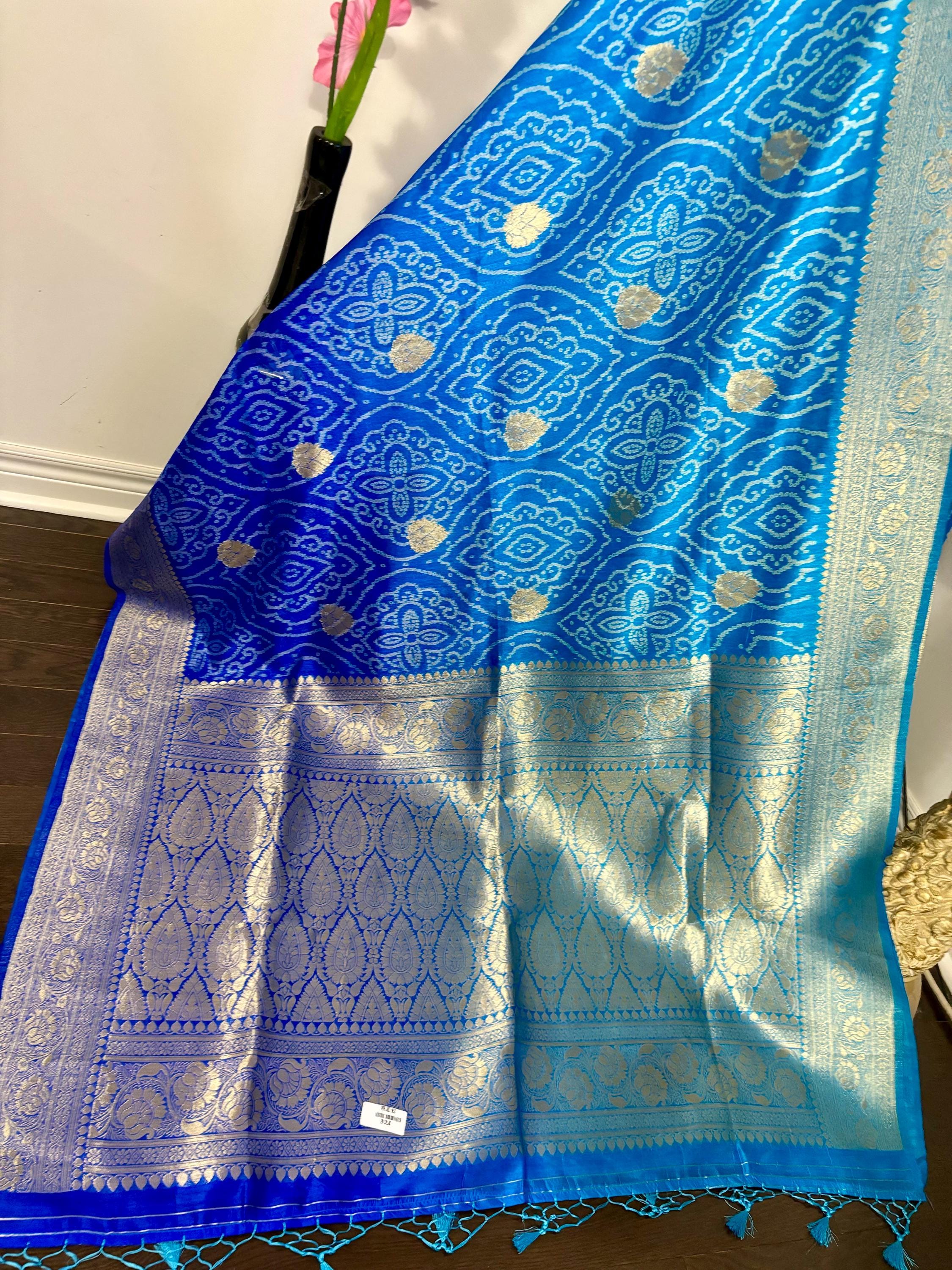 Beautiful cocktail dual shade  bandini silk saree paired up pretty maggam blouse fits  sizes 32 -46 ready to wear prettiest blouse