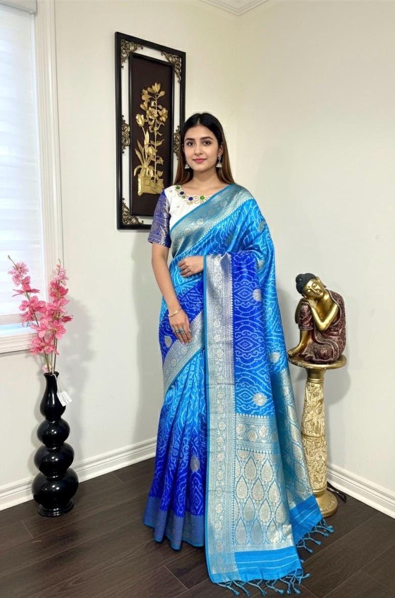Beautiful cocktail dual shade  bandini silk saree paired up pretty maggam blouse fits  sizes 32 -46 ready to wear prettiest blouse