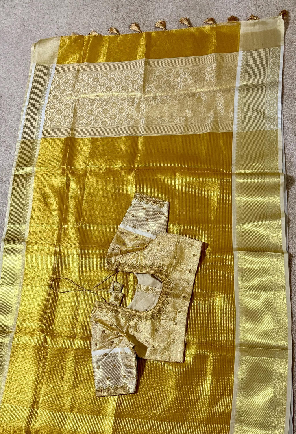 Bangalore silk golden saree with self weaving zari lines on all over with beautifully done work blouse fits 32 to 46