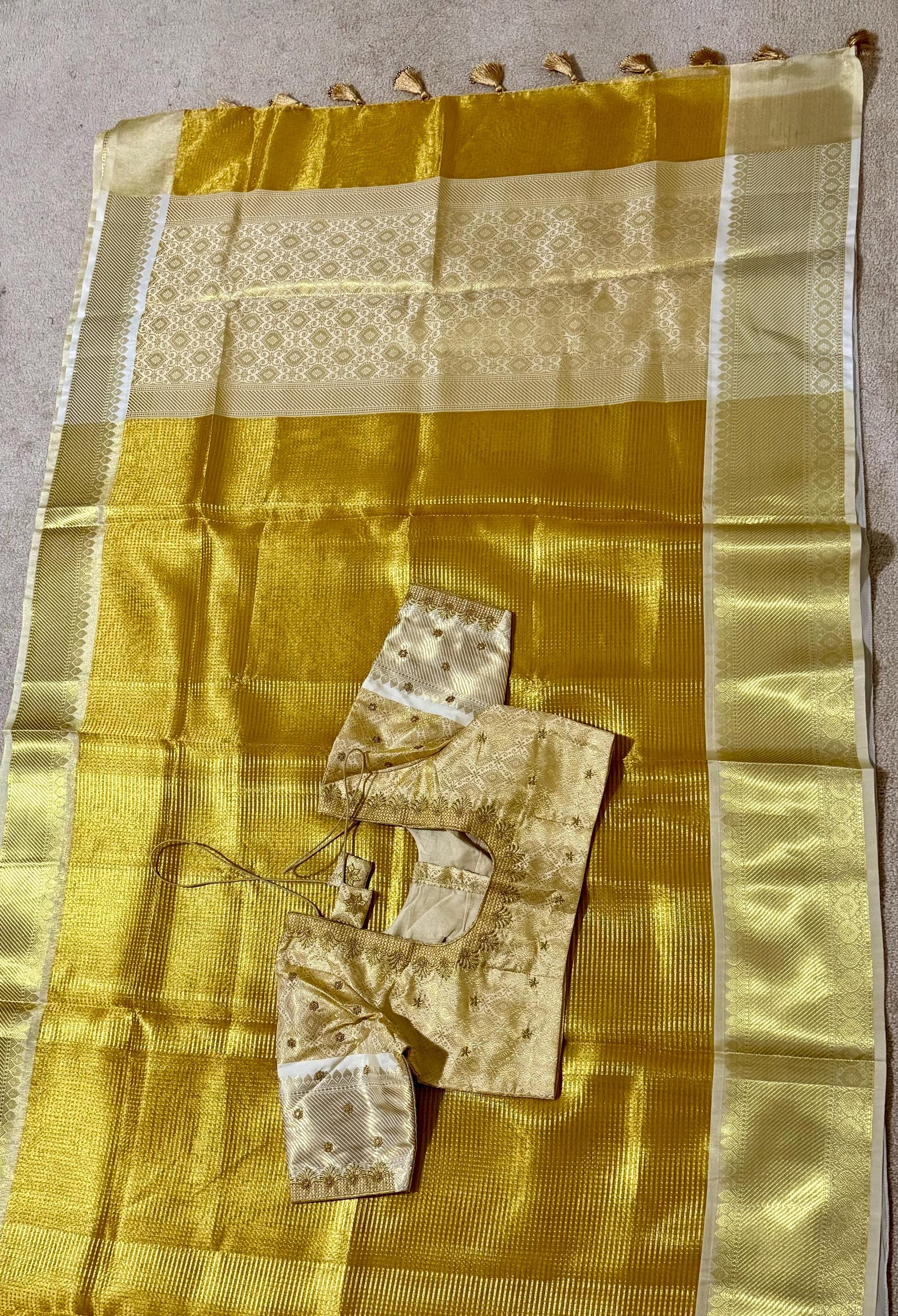 Bangalore silk golden saree with self weaving zari lines on all over with beautifully done work blouse fits 32 to 46