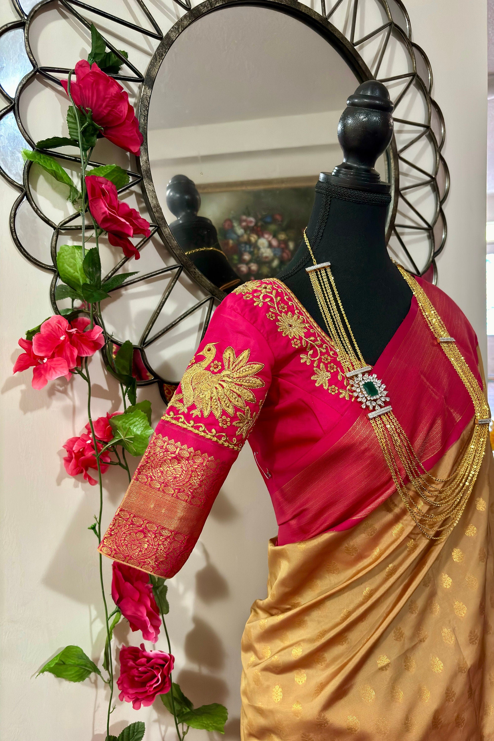Kanchipuram soft silk saree in rare colors with beautifully done hand  made embroidered blouse with ready to wear work blouse fits 32 to 46