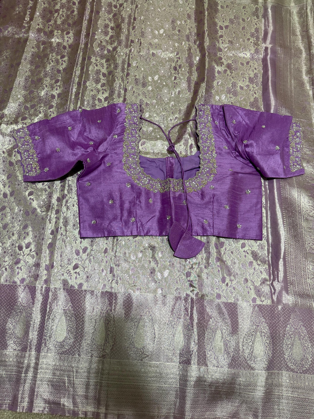Kanchipuram tissu silk saree in rare colors with beautifully done hand  made embroidered blouse with ready to wear work blouse fits 32 to 46