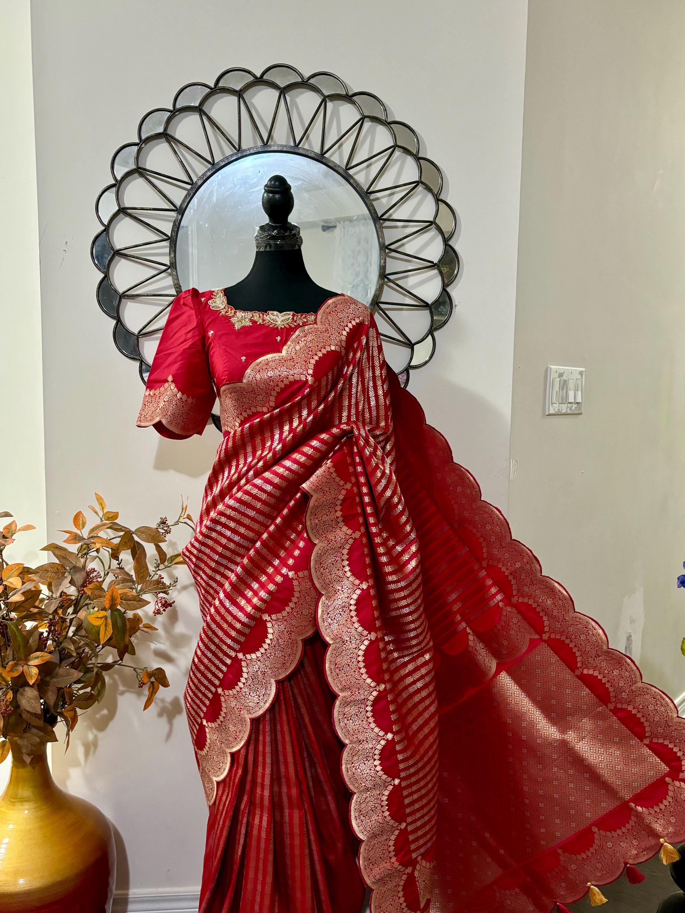 Beautiful Banarasi kataan silk  saree paired up with pretty Maggam work blouse. Blouse sizes can be customized.