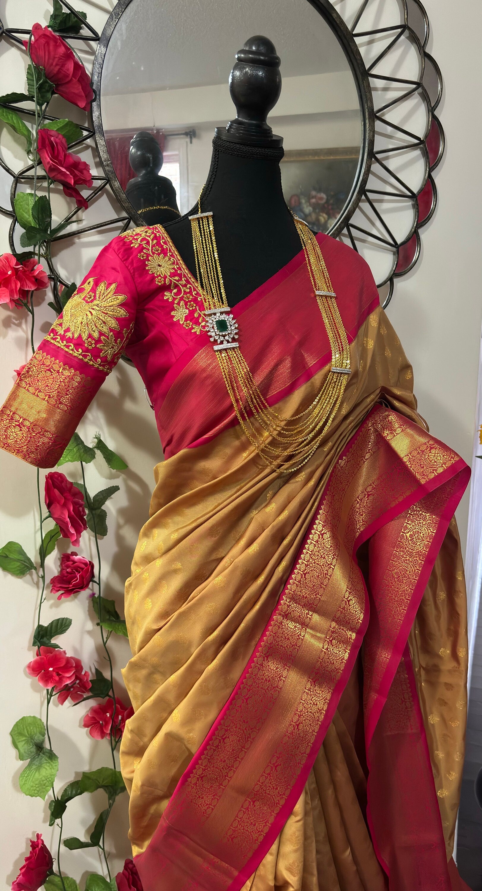 Kanchipuram soft silk saree in rare colors with beautifully done hand  made embroidered blouse with ready to wear work blouse fits 32 to 46