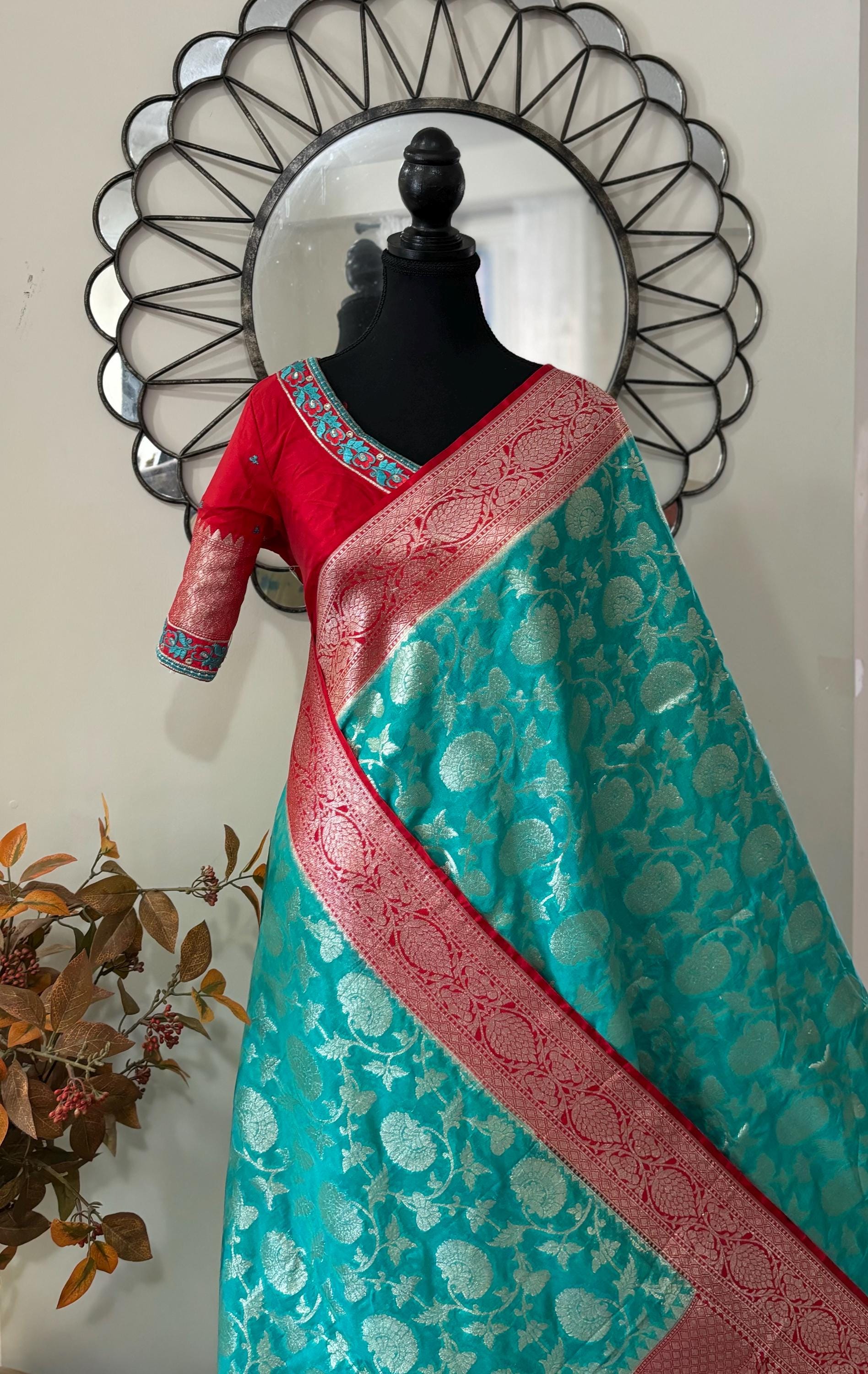 Beautiful banarasi silk saree paired up with beautiful embroidery blouse fits to 32 to 46 in beautiful rare colors all over jaal. Cocktails