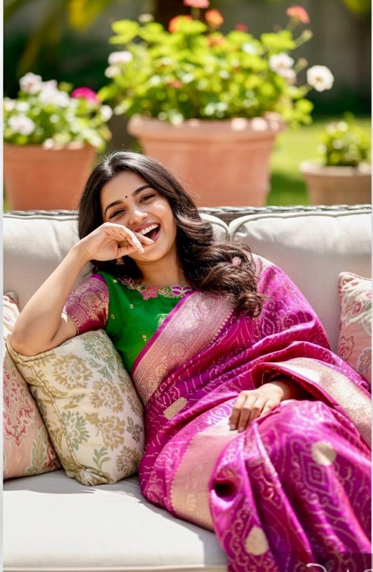 Beautiful cocktail dual shade banarasi  bandhini silk saree paired up pretty maggam blouse fits  sizes 32 -46 ready to wear prettiest blouse