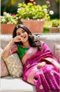 Beautiful cocktail dual shade banarasi  bandhini silk saree paired up pretty maggam blouse fits  sizes 32 -46 ready to wear prettiest blouse