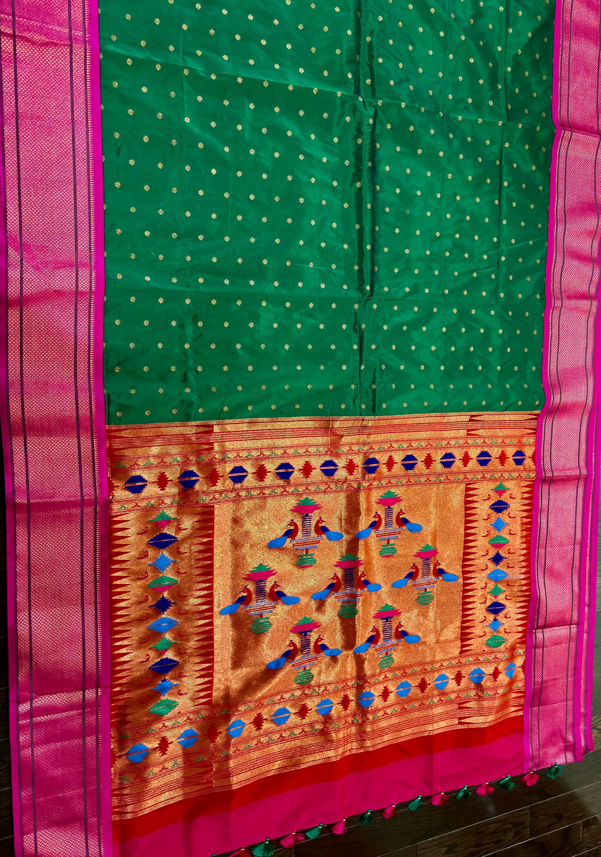 Beautiful pythani pure silk saree with   ready to wear beautiful  work blouse fits up to 32 to 46  purple  color, saree is ready to wear