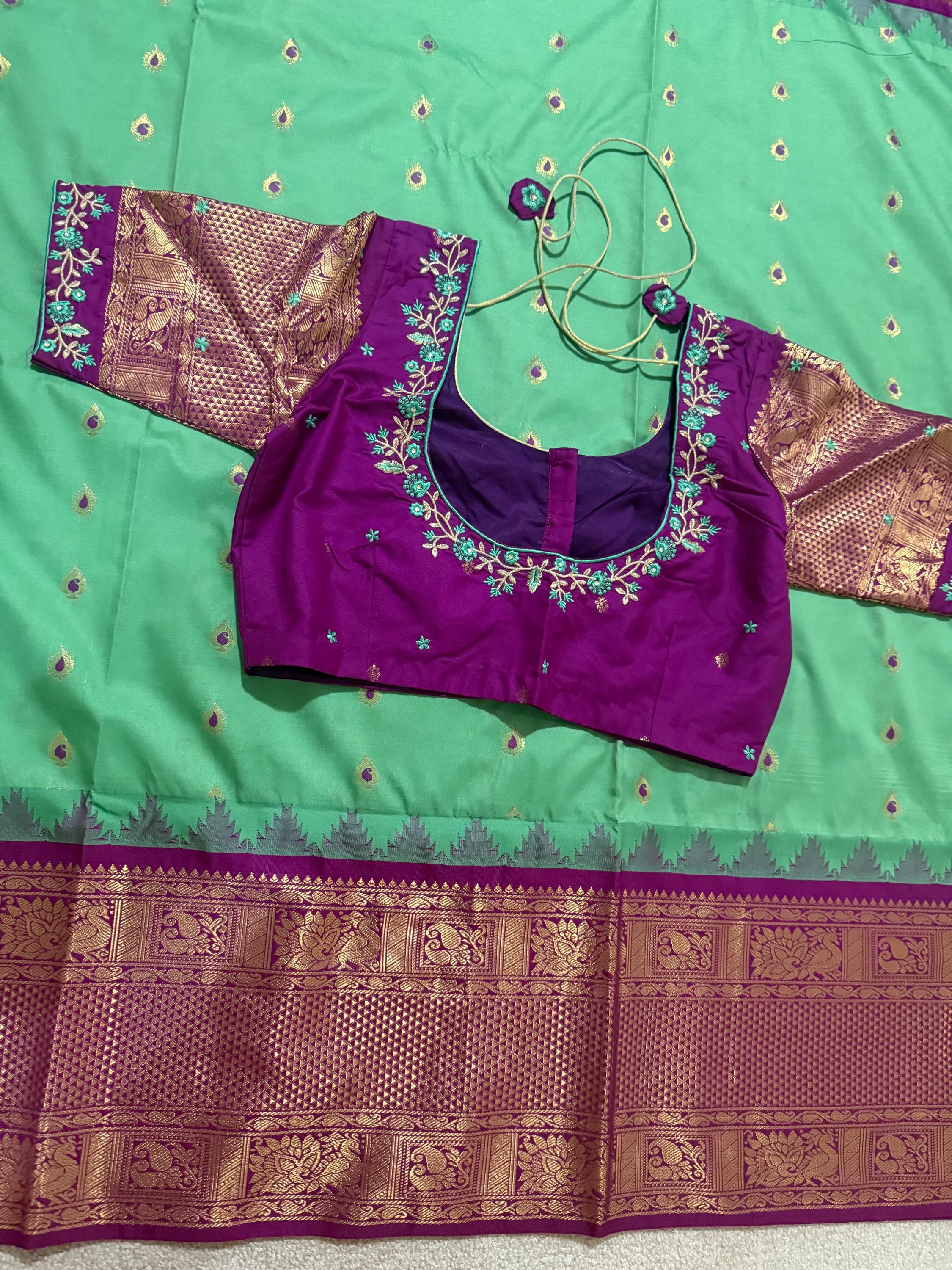 Gadwal Handloom pure silk sarees in rare colors and ready to wear blouse with embroidered blouse fits up to 32 -46 saree is ready fall pico