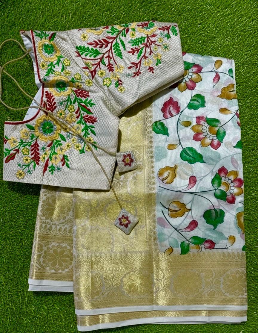 Beautiful soft cream color mango silk saeee with kalamkari saree along with embroided blouse ready to wear