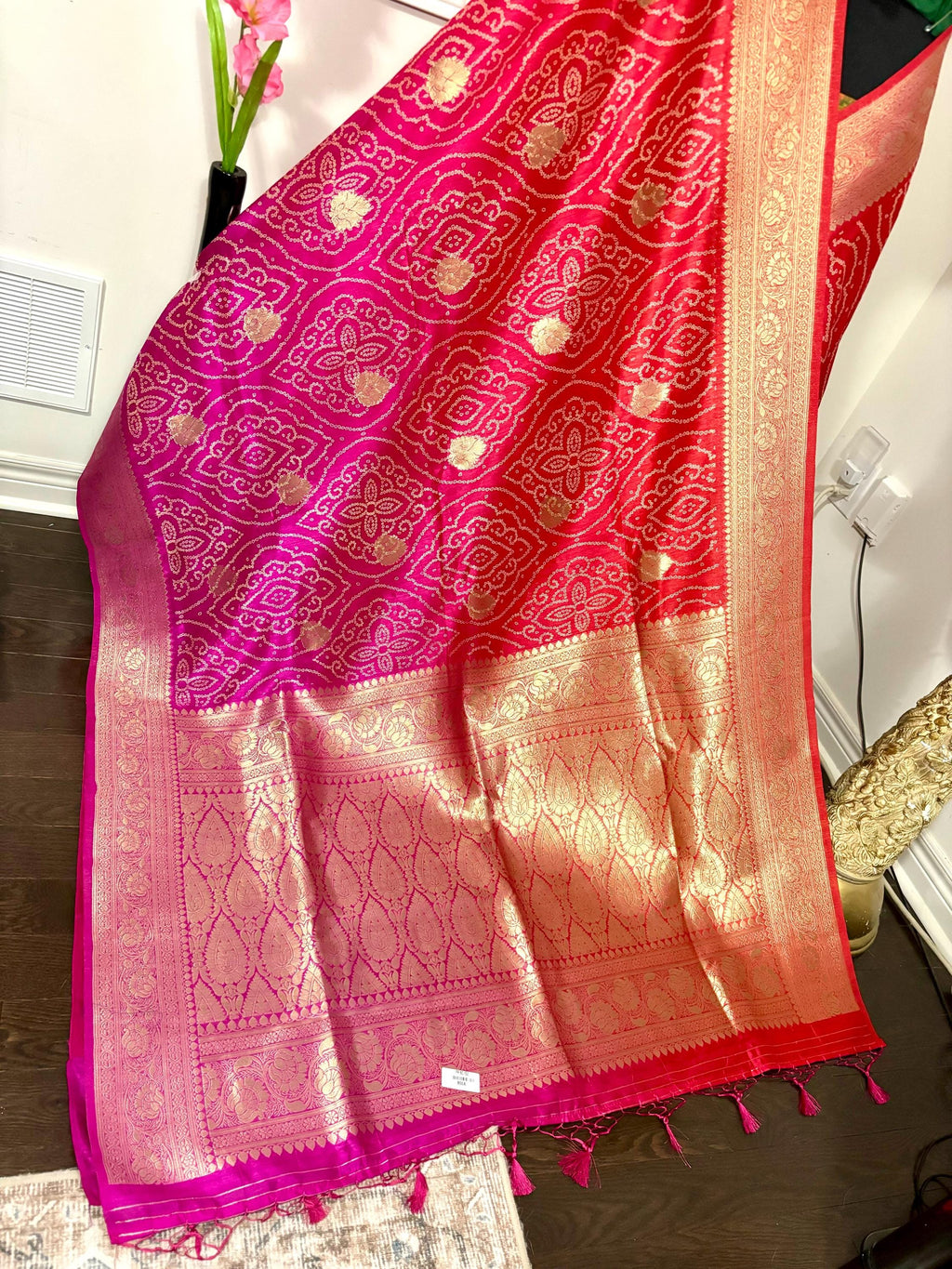 Beautiful cocktail dual shade  bandini silk saree paired up pretty maggam blouse fits  sizes 32 -46 ready to wear prettiest blouse