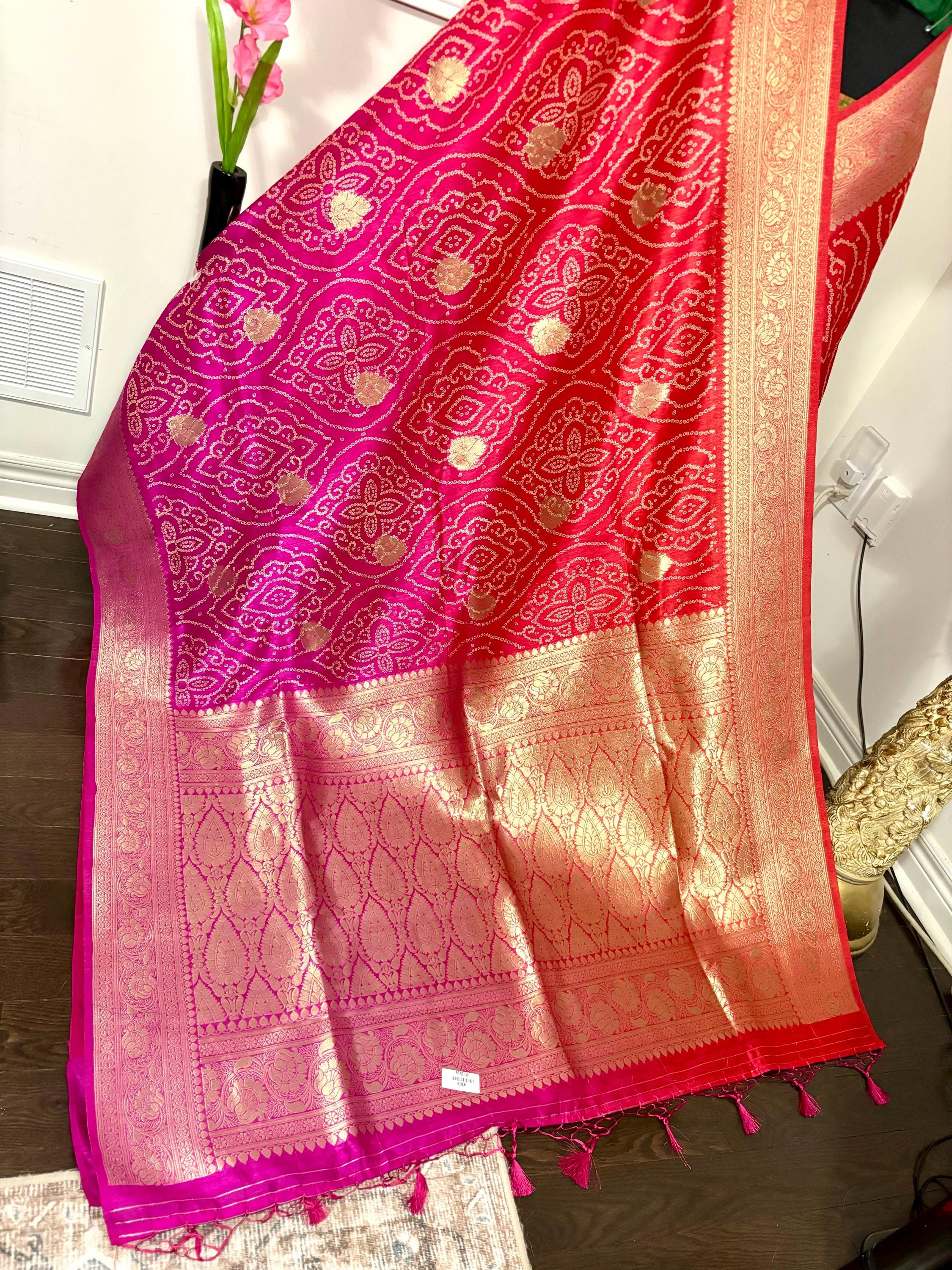 Beautiful cocktail dual shade  bandini silk saree paired up pretty maggam blouse fits  sizes 32 -46 ready to wear prettiest blouse