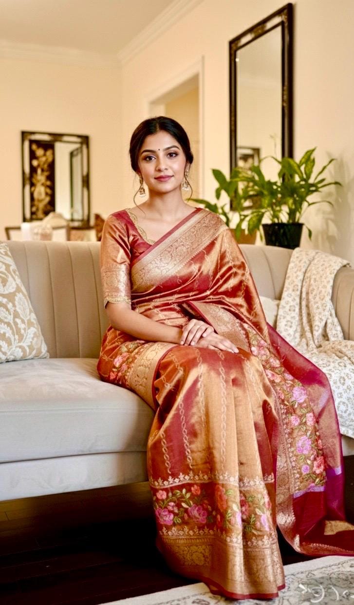 Banarasi  tissue saree with self weaving with beautifully embroidered boarder all over the saree Rose Gold  shade rich weaving ready Blouse