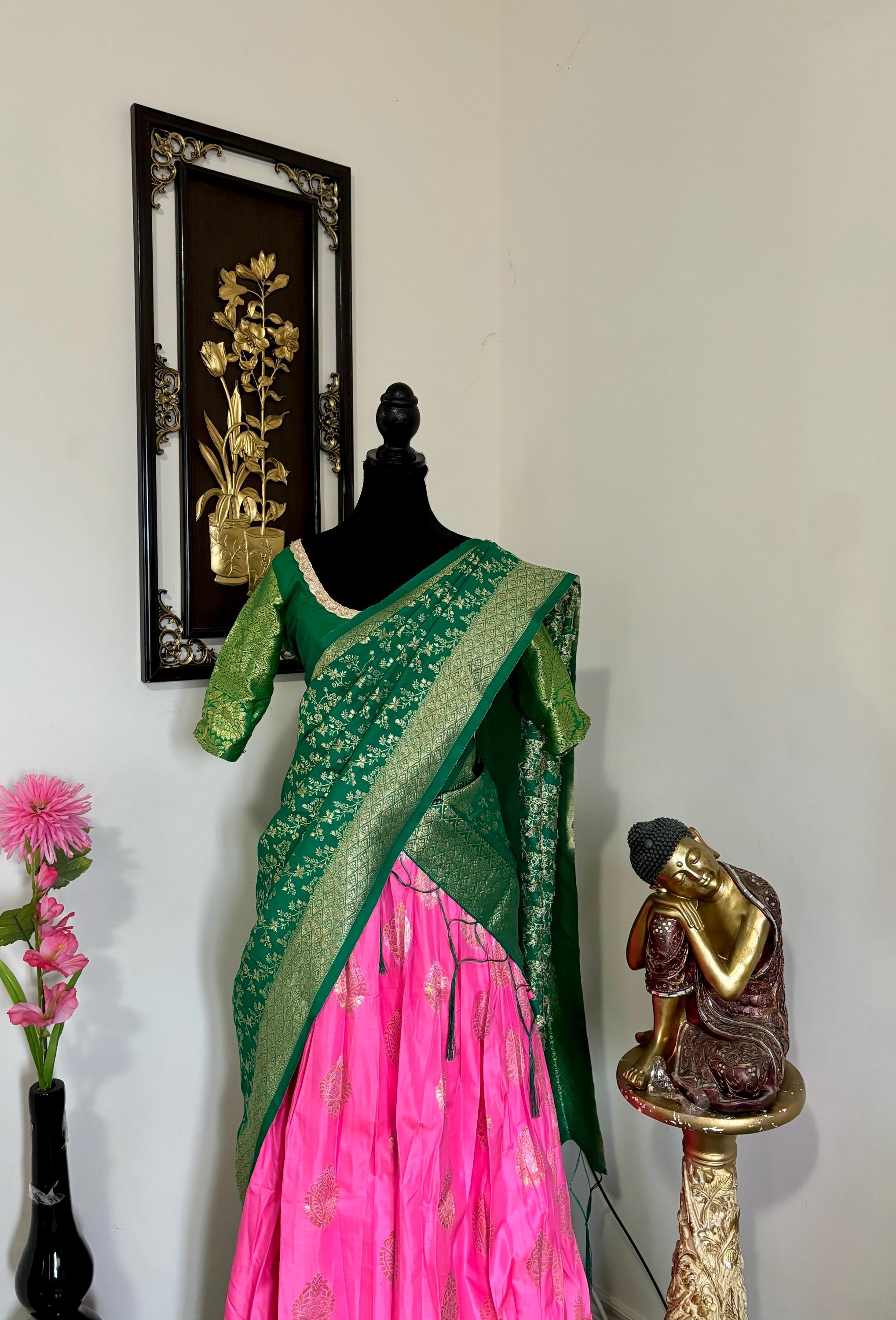Beautiful colors Kanchi pattu Lihanga with beautiful Kanchi boarder is made of Handloom cloths ready with ready to wear blouse sizes 32 - 48