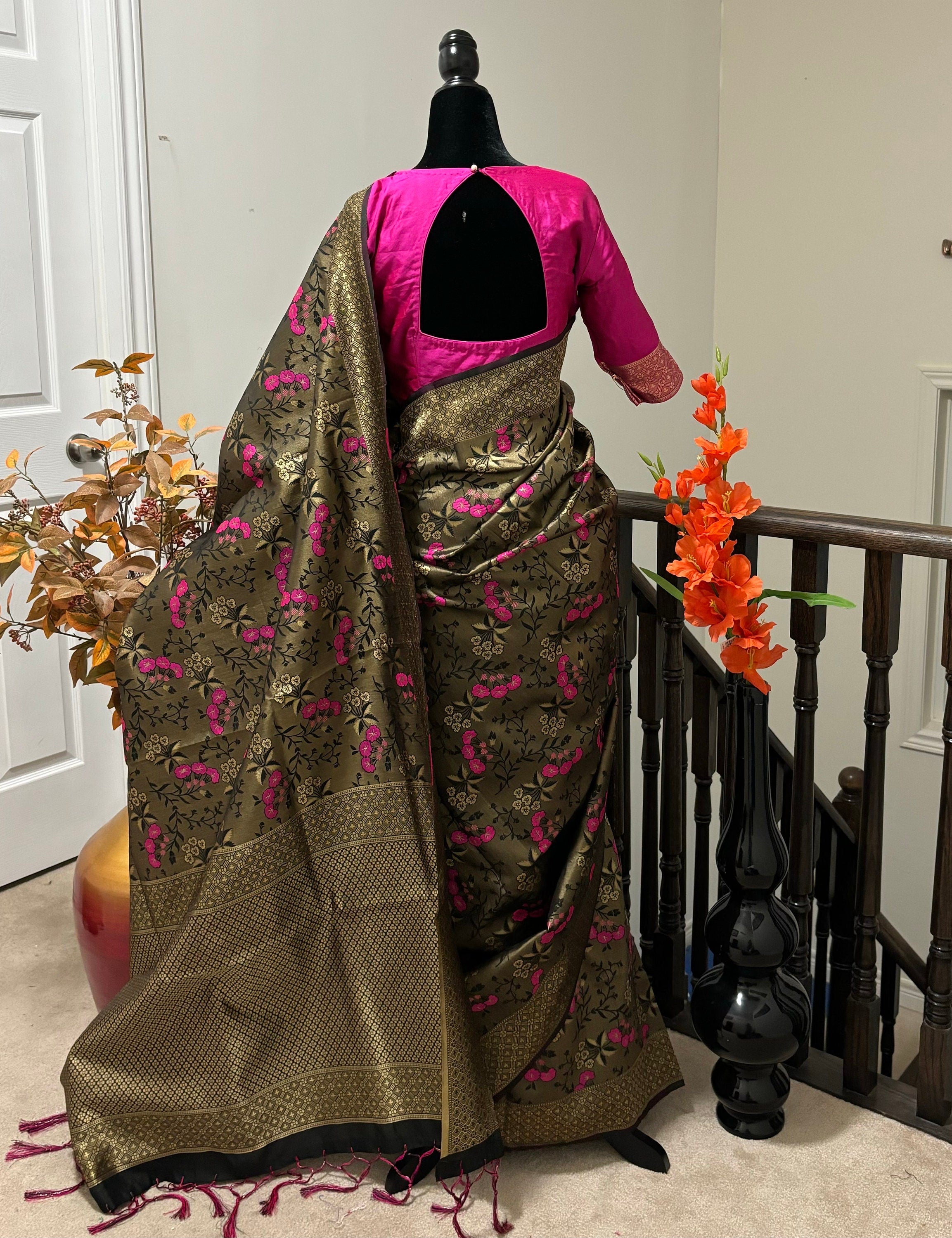 Beautiful coffee color Pure Silk Banarasi floral party wear saree