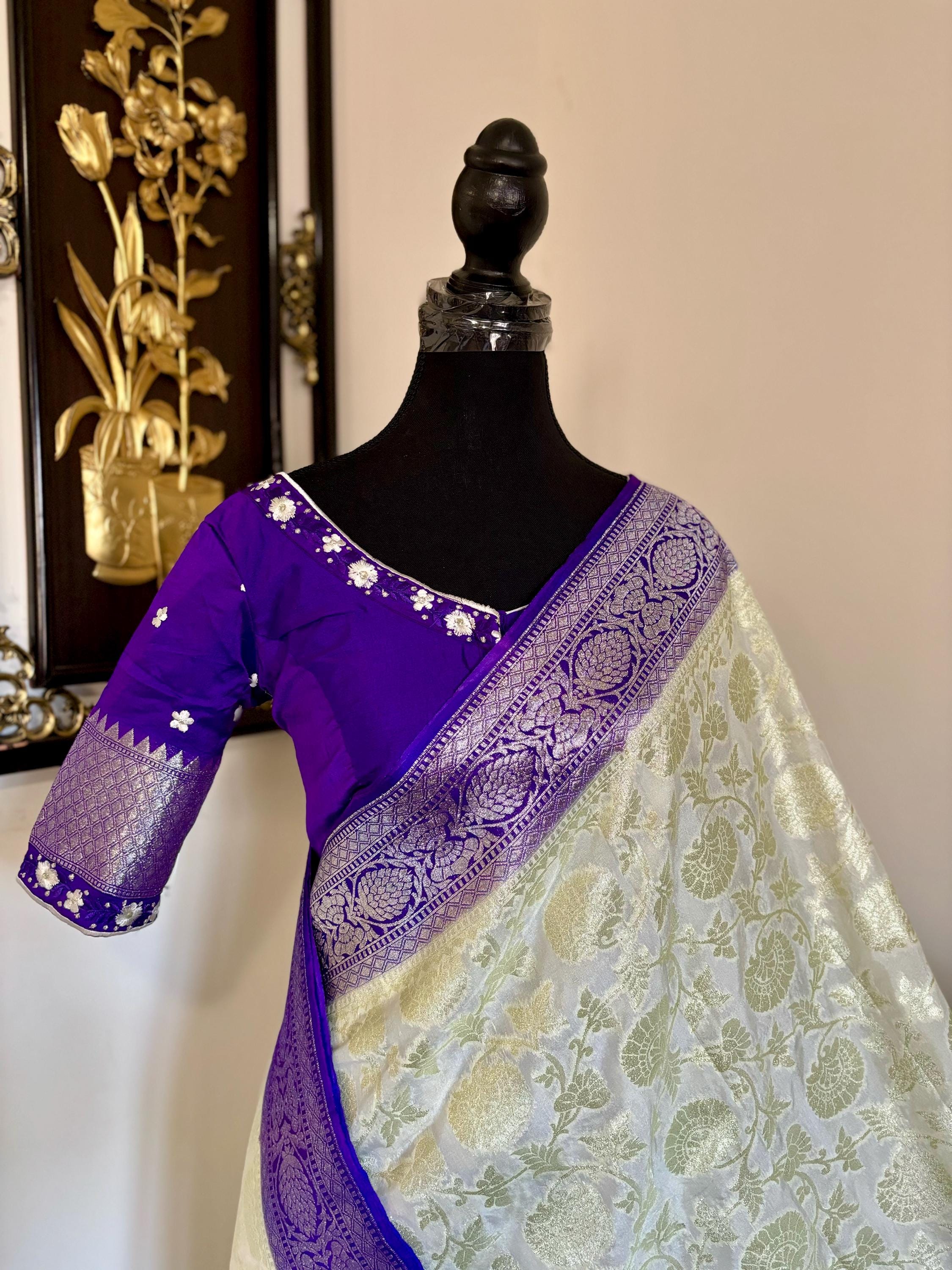 Beautiful banarasi silk saree paired up with beautiful embroidery blouse fits to 32 to 46 in beautiful rare colors all over jaal. Cocktails