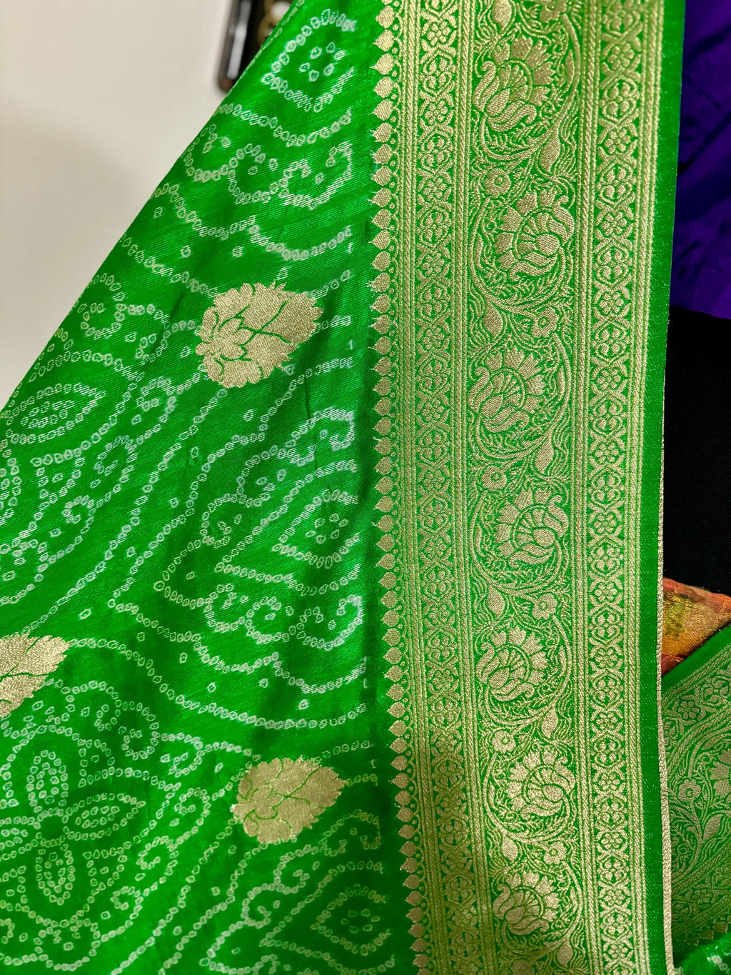 Beautiful cocktail dual shade banarasi  bandhini silk saree paired up pretty maggam blouse fits  sizes 32 -46 ready to wear prettiest blouse