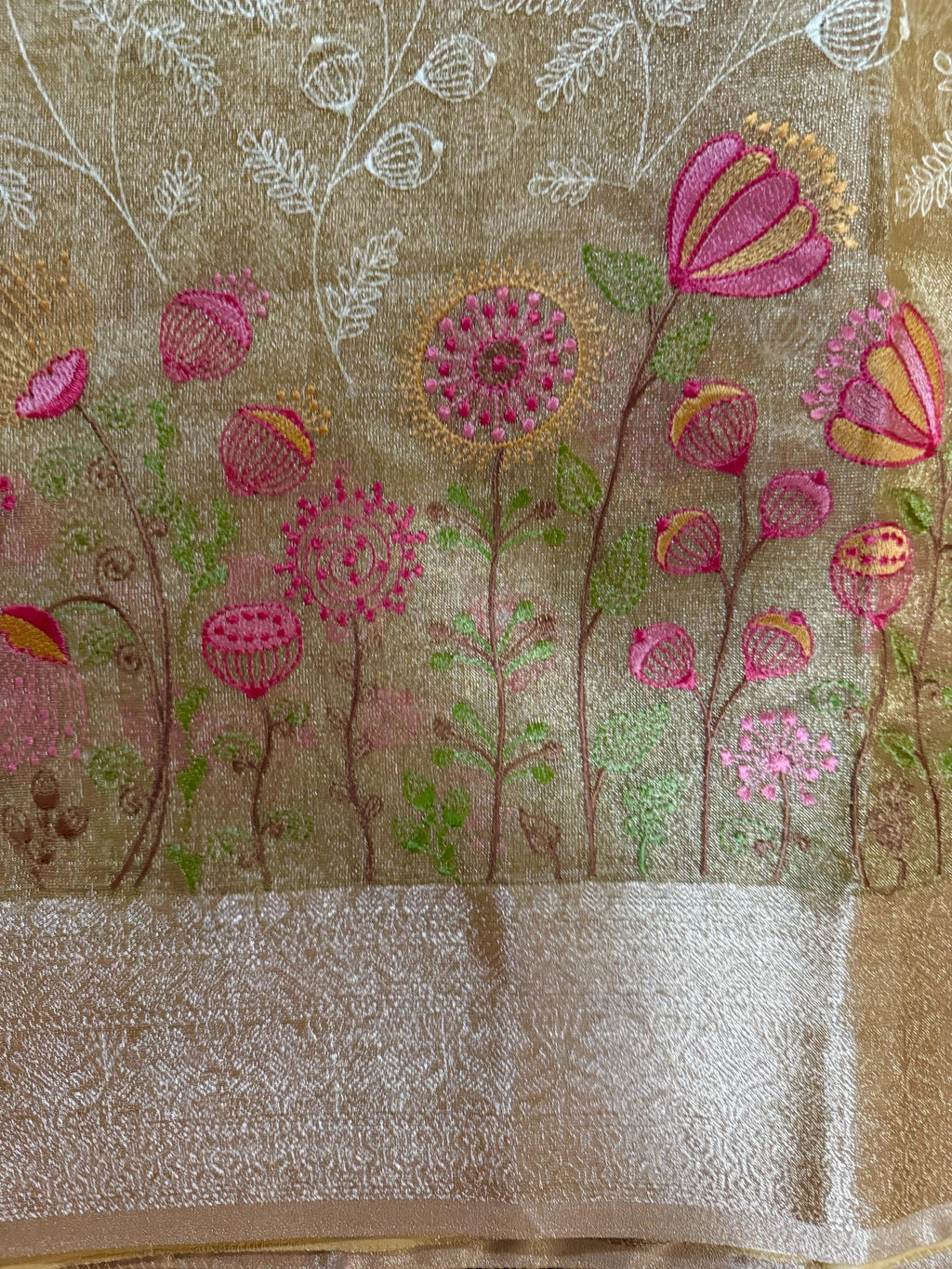 Beautiful gold tissue silk saree with all over embroidered floral design all over saree ready to wear designer blouse fits to 32-46