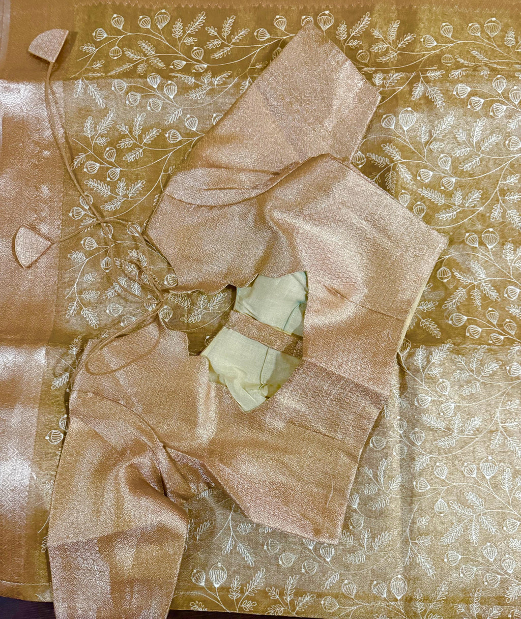 Beautiful gold tissue silk saree with all over embroidered floral design all over saree ready to wear designer blouse fits to 32-46