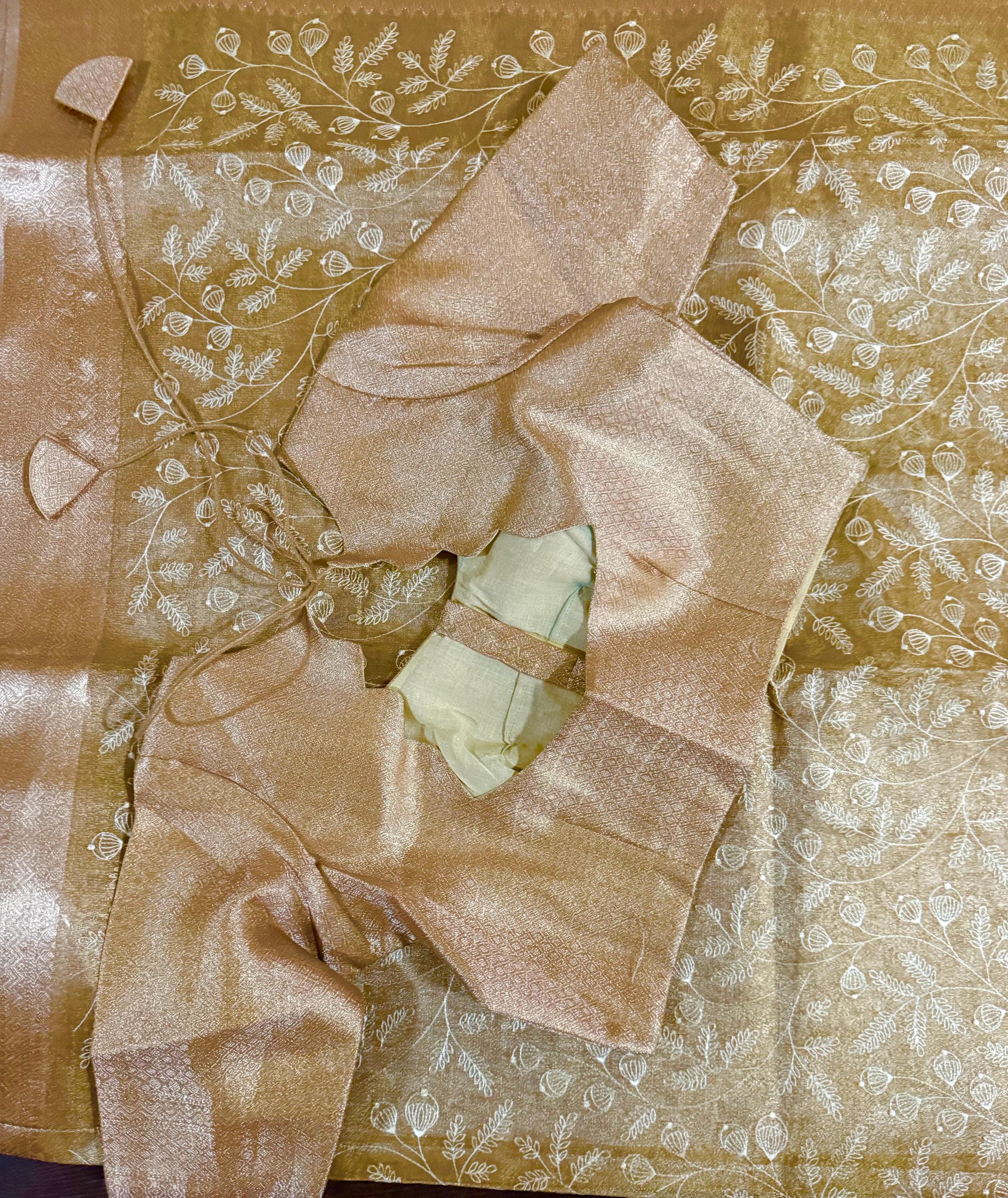 Beautiful gold tissue silk saree with all over embroidered floral design all over saree ready to wear designer blouse fits to 32-46