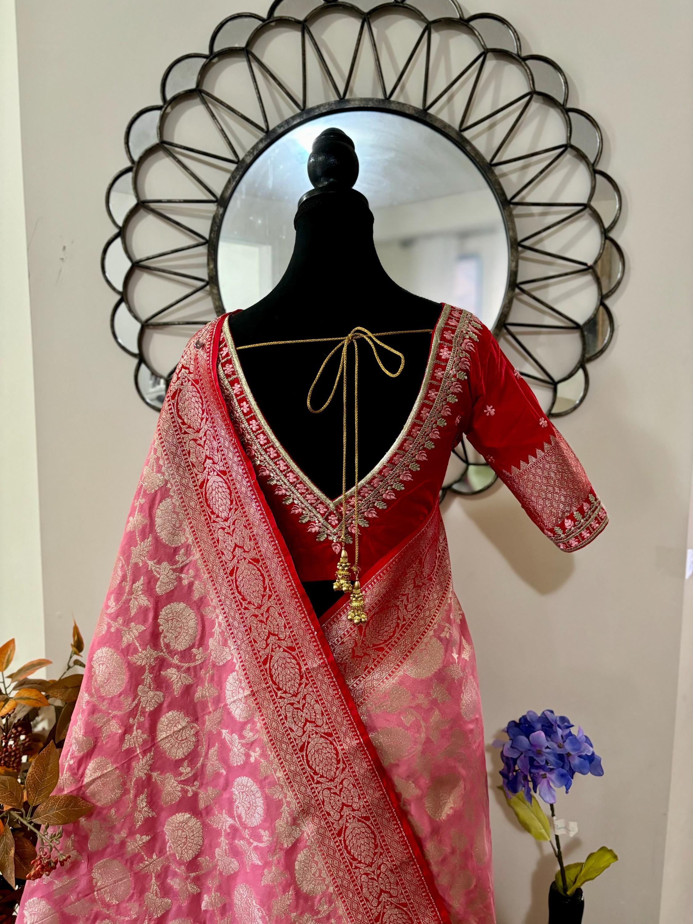 Beautiful banarasi silk saree paired up with beautiful embroidery blouse fits to 32 to 46 in beautiful rare colors all over jaal. Cocktails