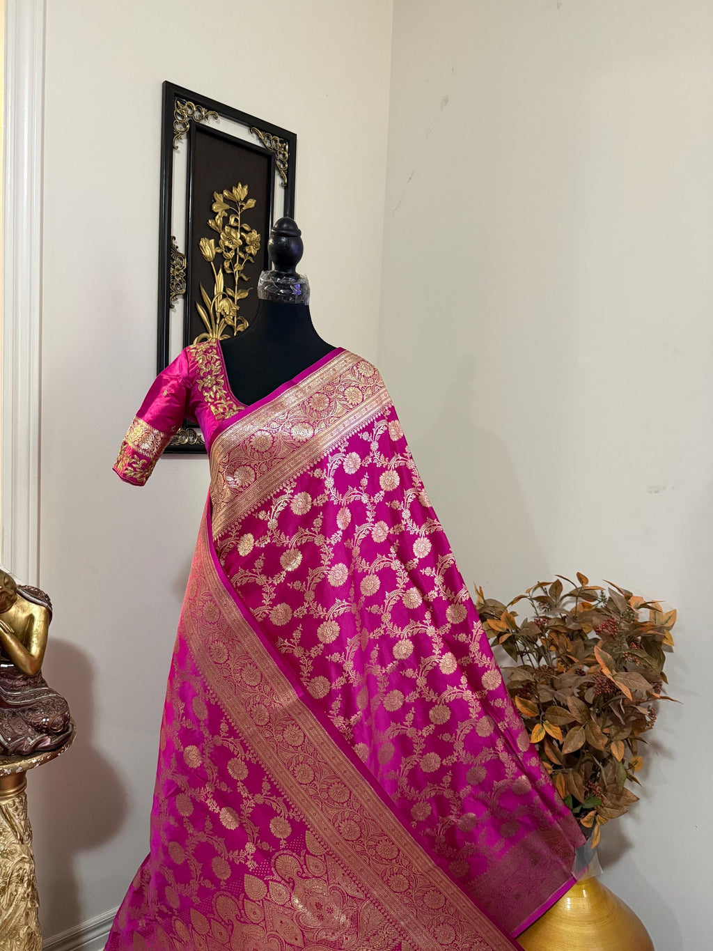 Royal Banarasi Silk Saree in Magenta Pink Ready-to-Wear Premium Edition ready to wear Blouse 34 to 46 size