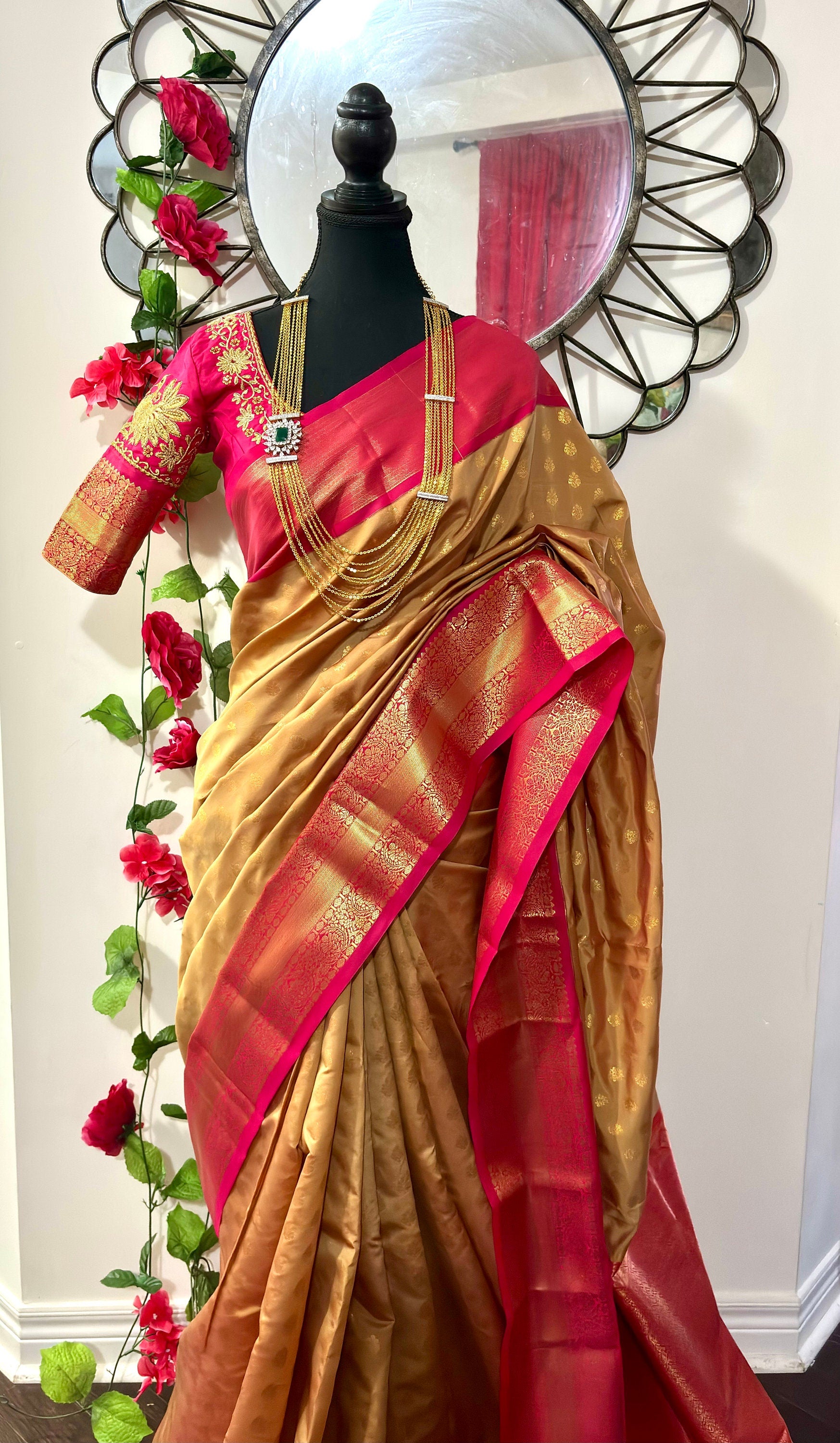 Kanchipuram soft silk saree in rare colors with beautifully done hand  made embroidered blouse with ready to wear work blouse fits 32 to 46