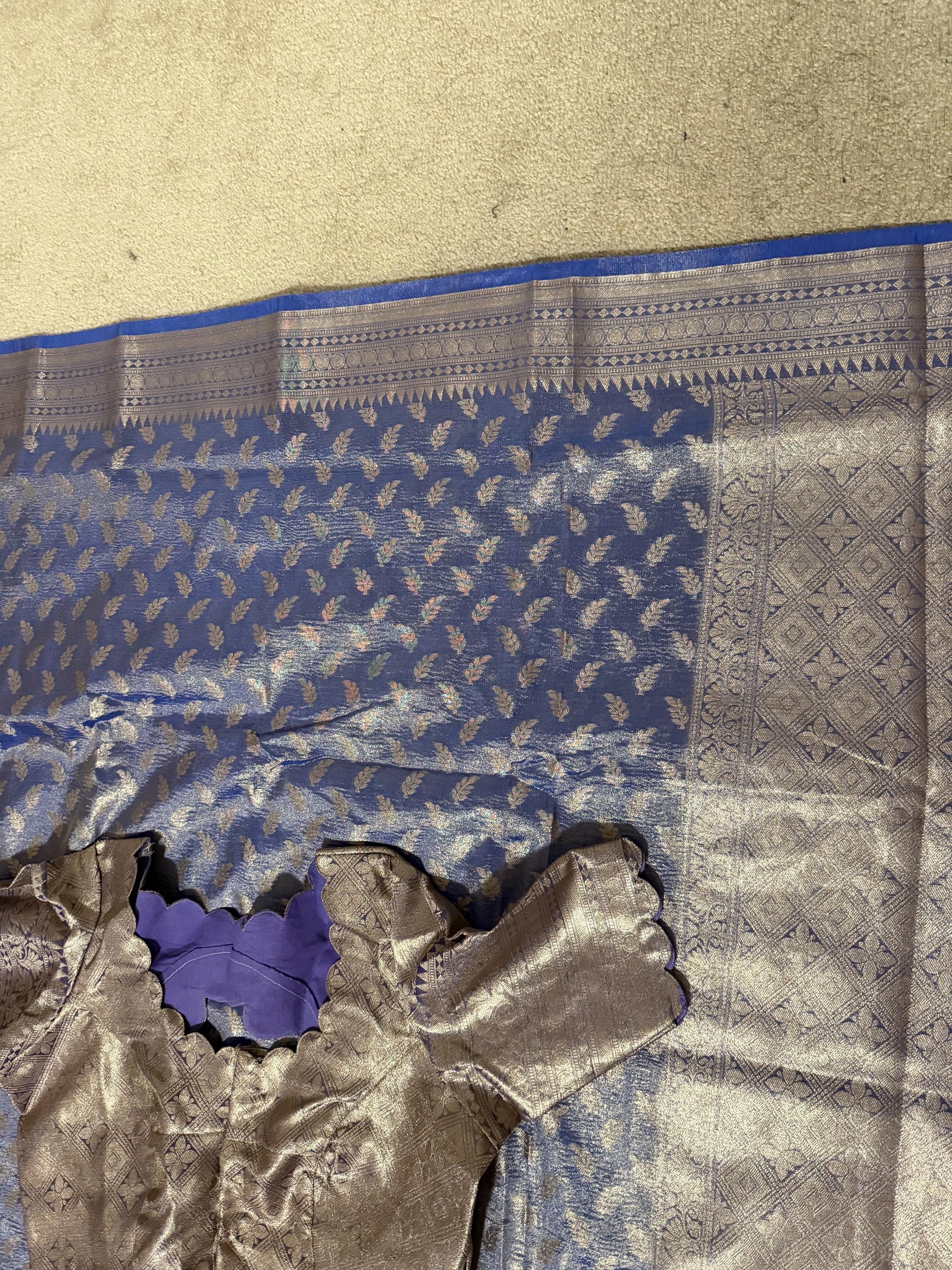 Beautiful party wear cocktail pure silk  banarasi crush tissue  saree paired up with pretty designer Blouse fits 32-46