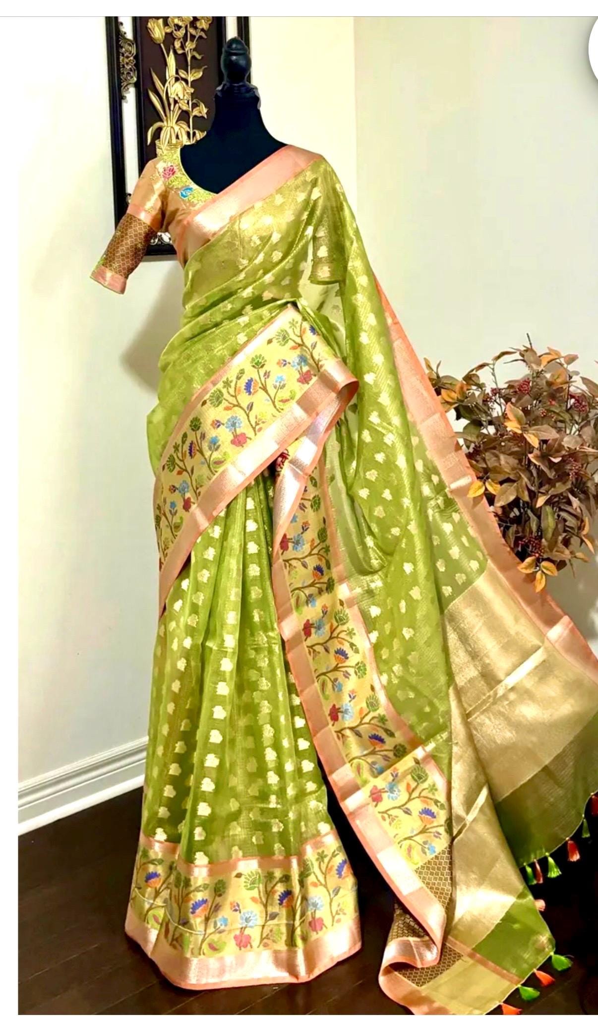 Beautiful Tissue Zari Kota saree with pythani  Zari boardes and beautifully done blouse paired up with pretty blouse fits up to 32 to 46